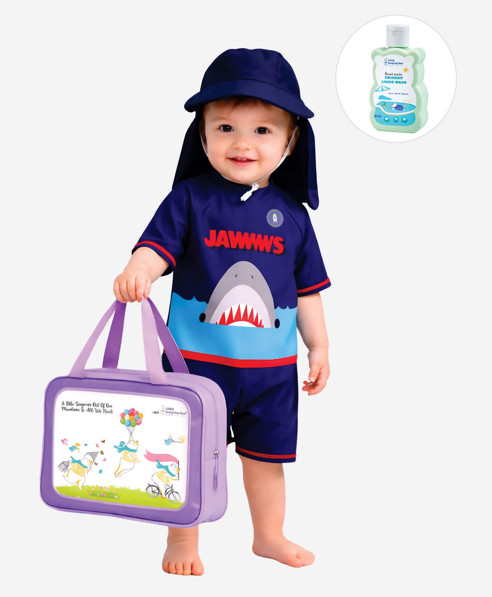 Little Surprise Box Half Sleeves Shark Printed Swimwear With Washbag & Swimsuit Detergent - Navy Blue-image-19