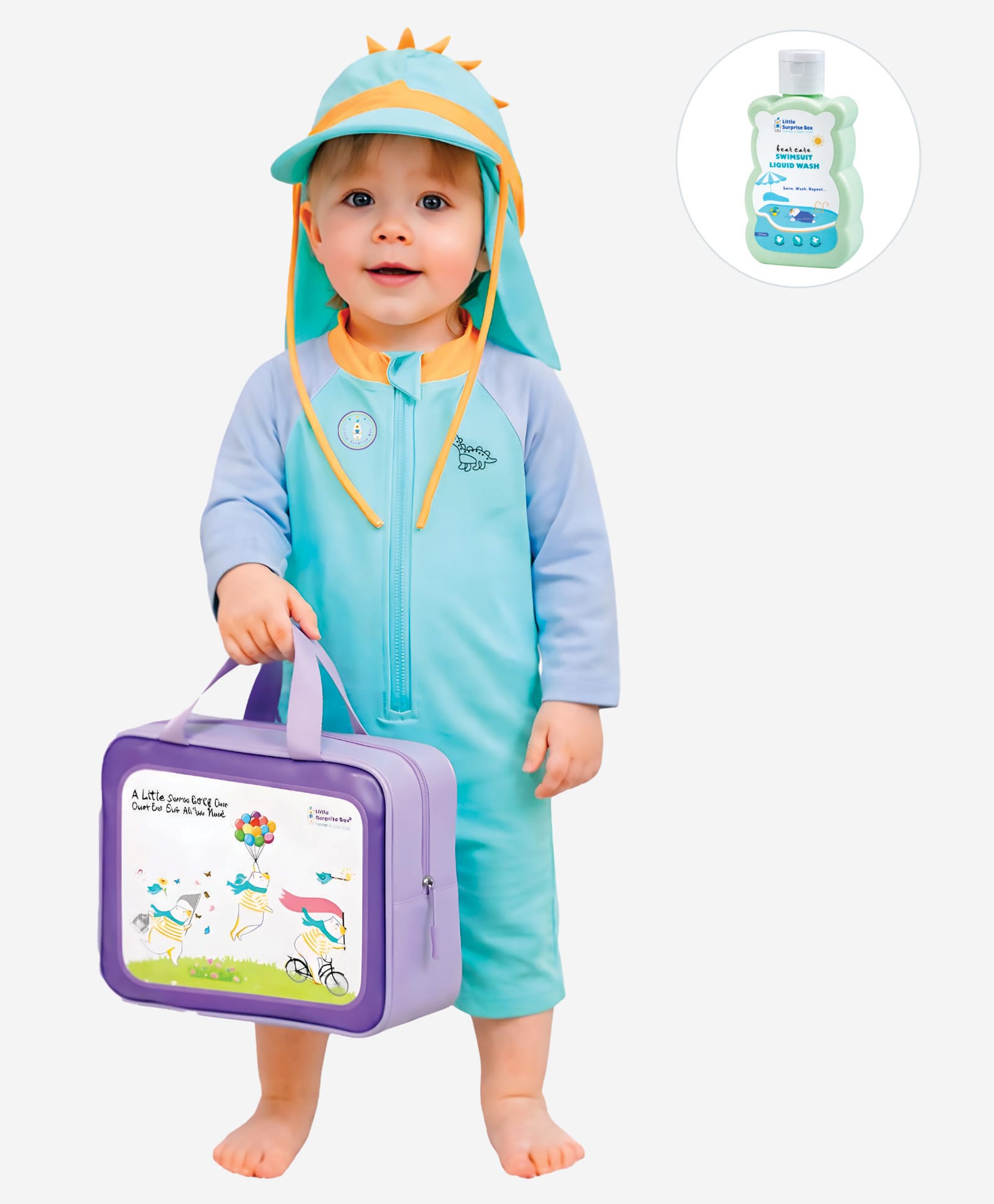 Little Surprise Box Full Raglan Sleeves Dino Printed Colour Blocked Legged Swimsuit With Wash Bag & Swimsuit Detergent - Sky-picture-29