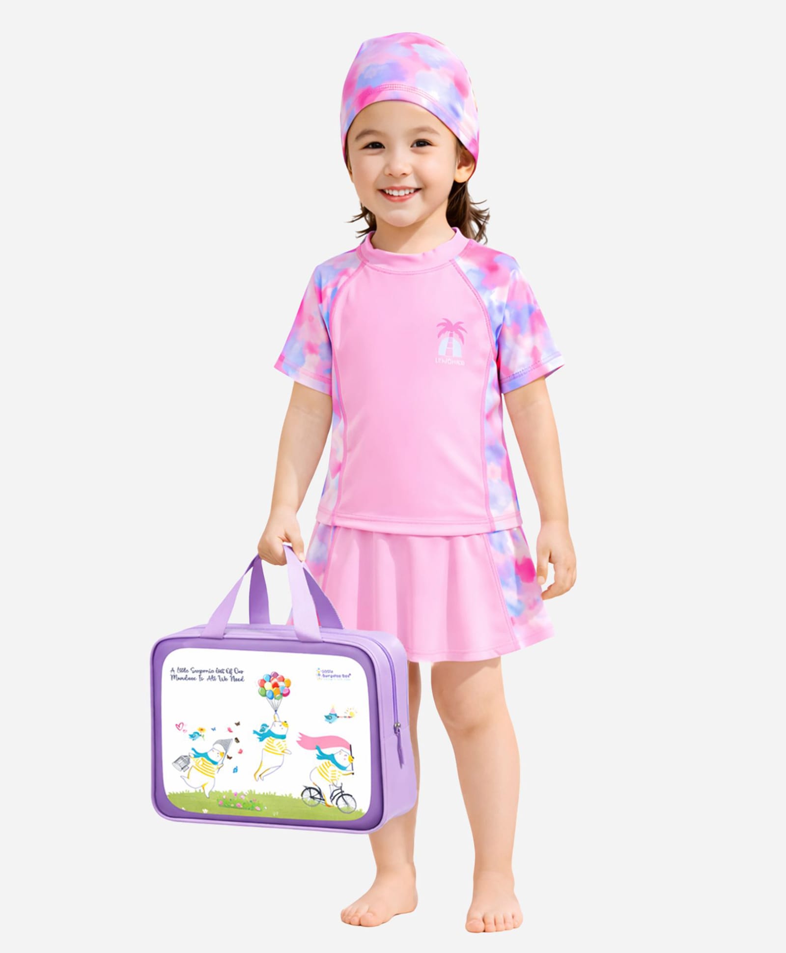 Little Surprise Box Half Raglan Sleeves Tie & Dye Tree Printed Swim Top & Skort Set With Cap & Bag - Pink-picture-25