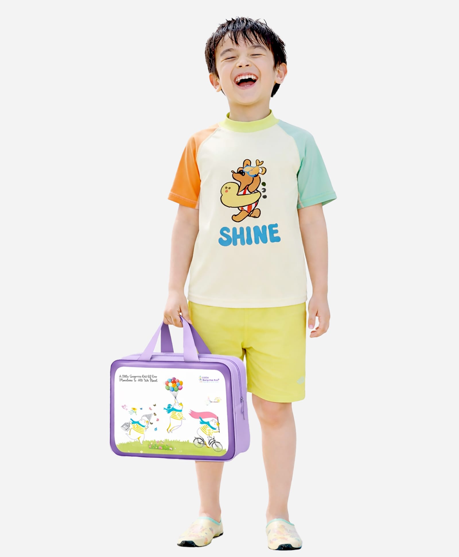 Little Surprise Box Half Raglan Sleeves Shine Printed Two Piece Swimsuit With Cap & Bag - Ivory-picture-16