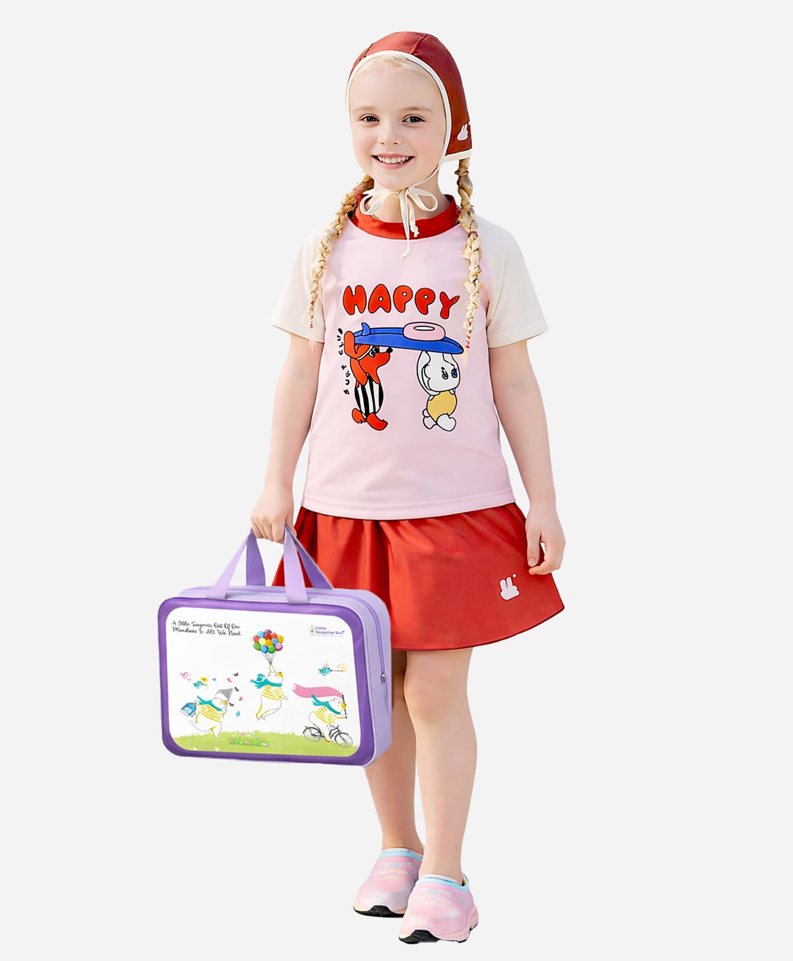 Little Surprise Box Half Raglan Sleeves Happy Printed Swim Top & Skort Set With Cap & Bag - Red-image-46