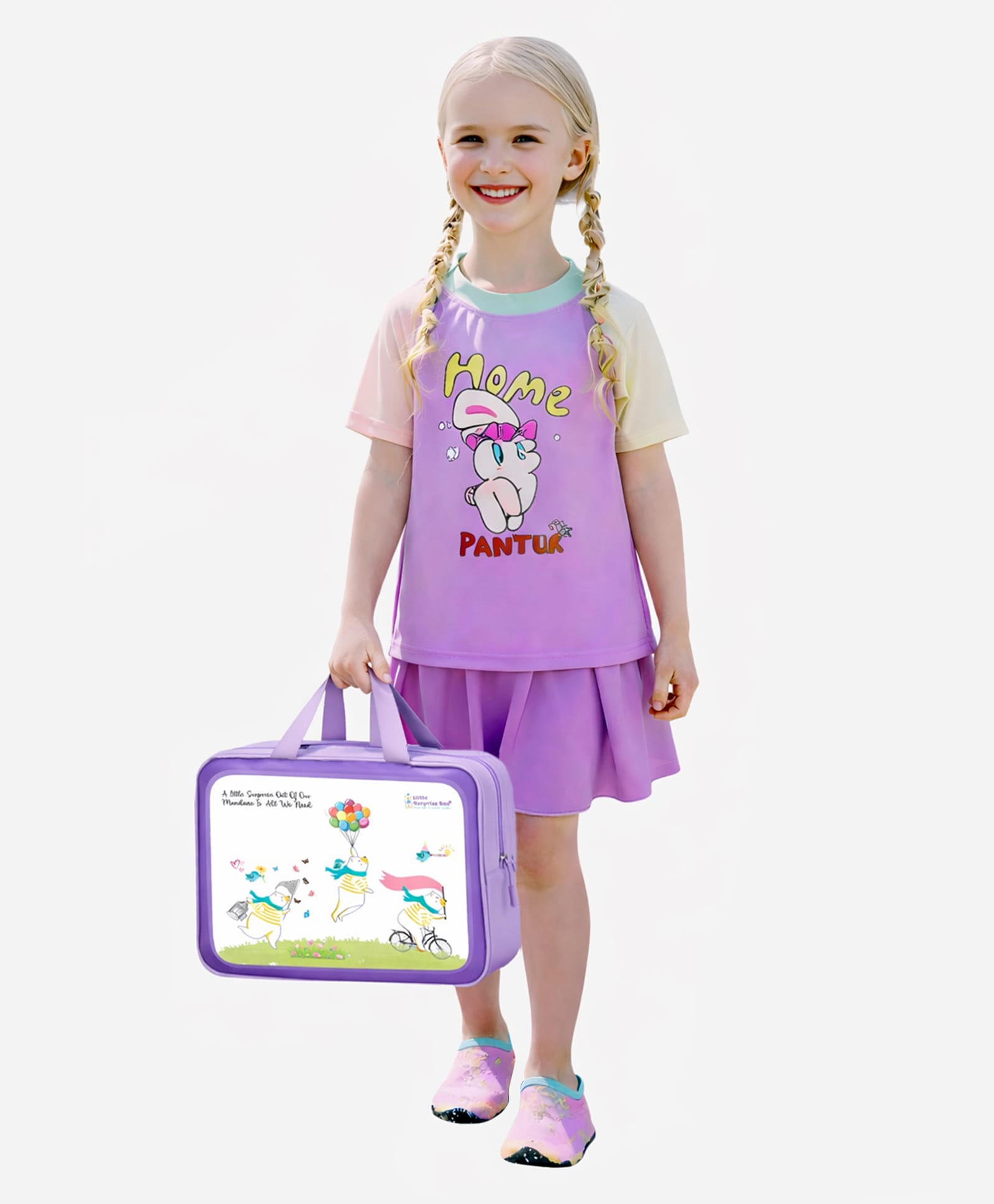 Little Surprise Box Half Raglan Sleeves Bunny & Typography Printed Swim Top & Skort Set With Cap & Bag - Purple-image-15