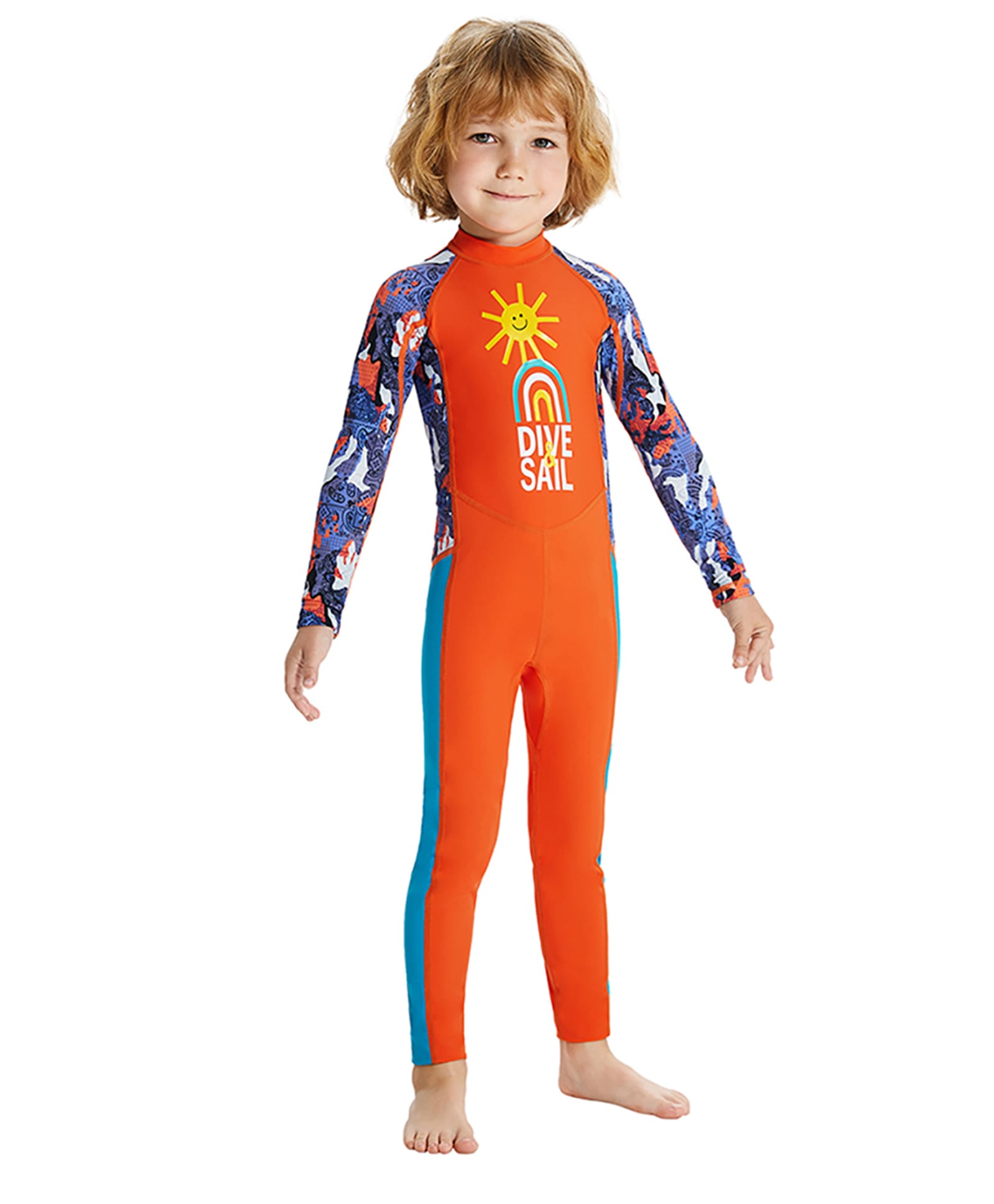Little Surprise Box Raglan Full Sleeves Dive & Sail Printed Legged Swimsuit With UPF 50+ - Orange-picture-18