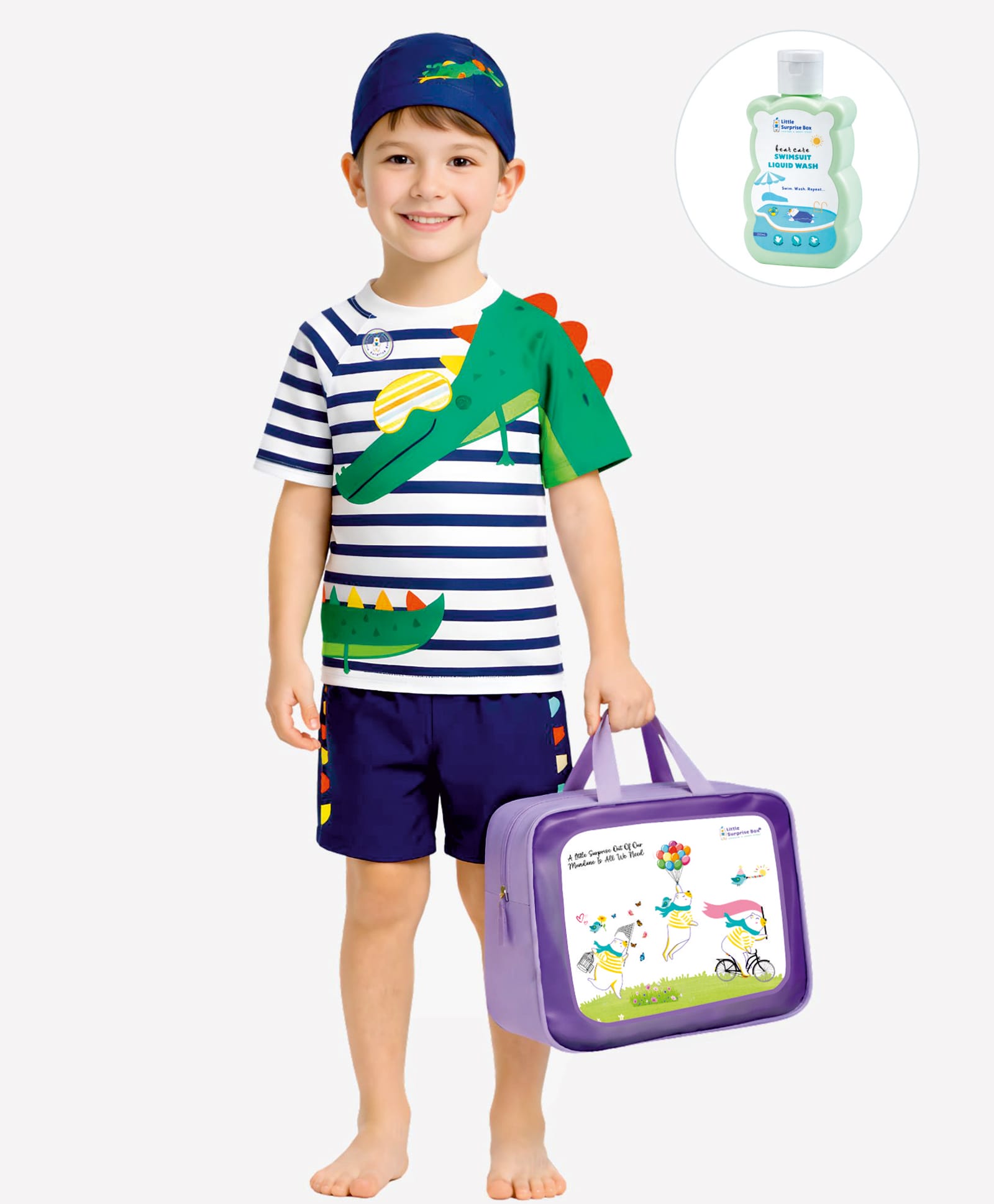 Little Surprise Box Half Raglan Sleeves Crocodile Printed Two Piece Swimsuit With Cap Bag & Detergent - White-image-23