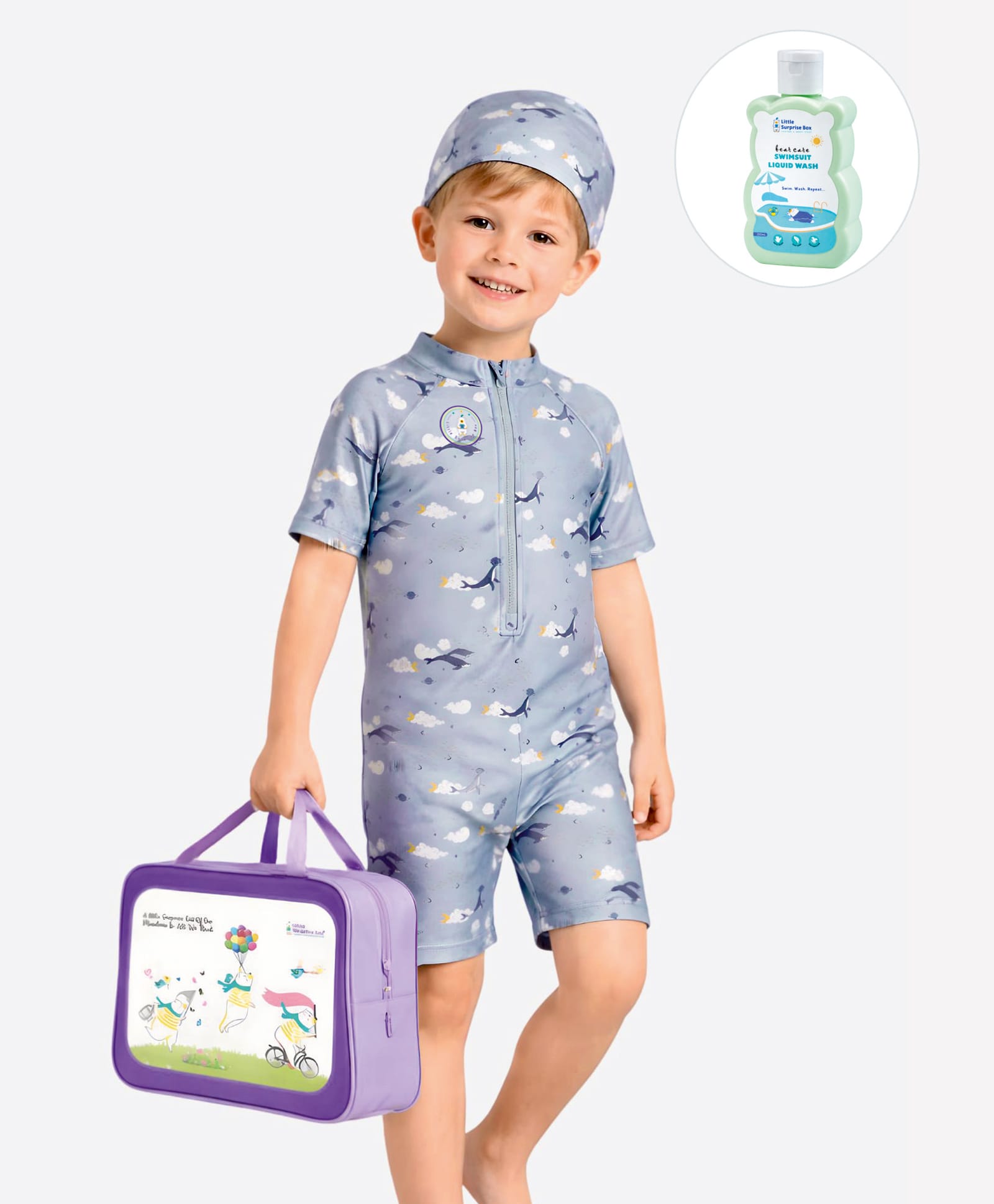 Little Surprise Box Half Raglan Sleeves Dolphin Printed Legged Swimsuit With Cap Bag & Detergent - Blue-image-14