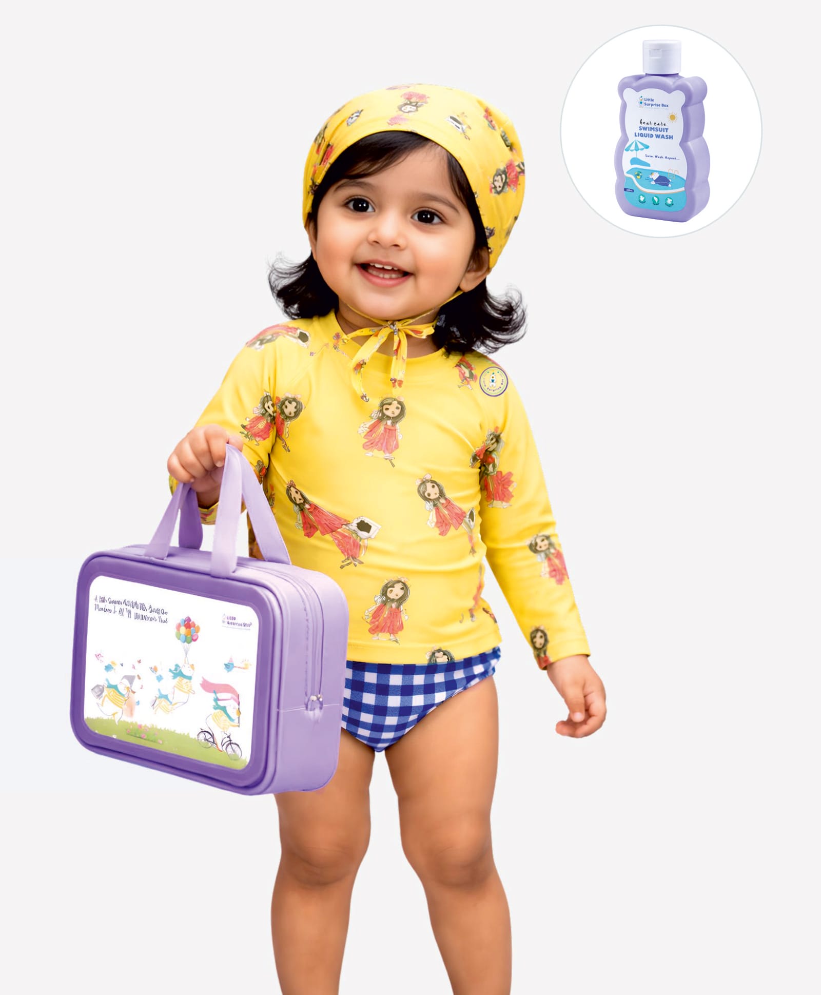 Little Surprise Box Full Raglan Sleeves Doll Printed Two Piece Swimsuit With Cap Bag & Detergent - Yellow-picture-25