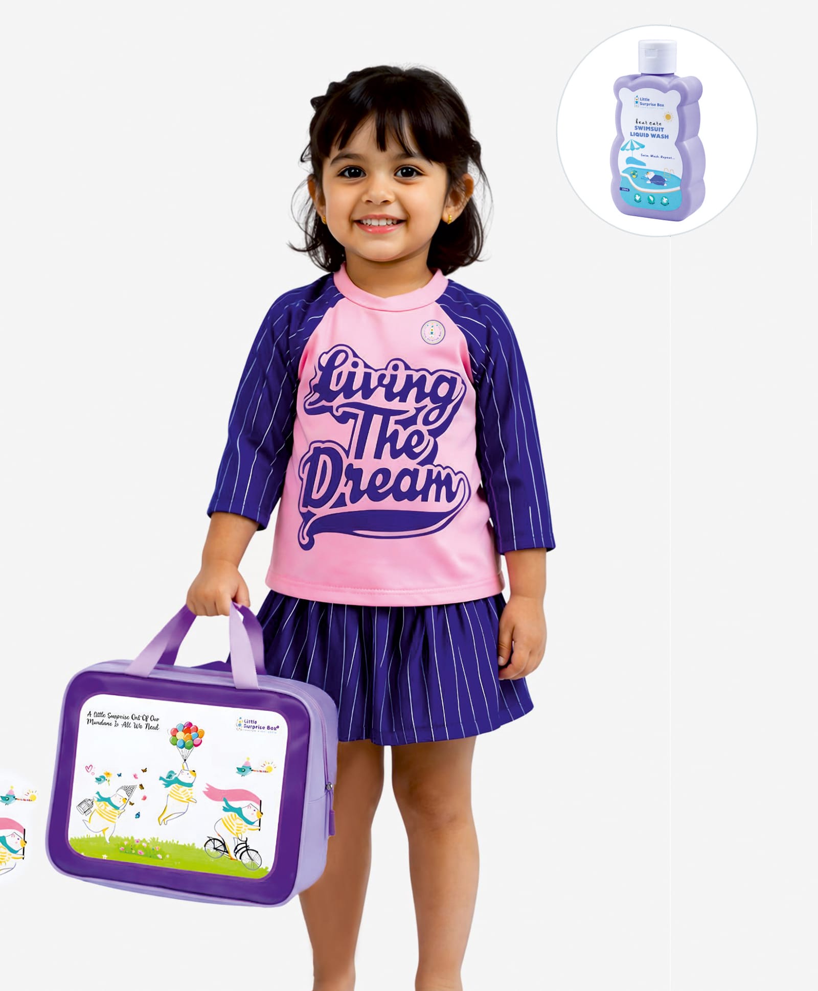 Little Surprise Box Full Sleeves Typography Printed Two Piece Swim Suit With Washbag & Swimsuit Detergent- Navy Blue-image-48
