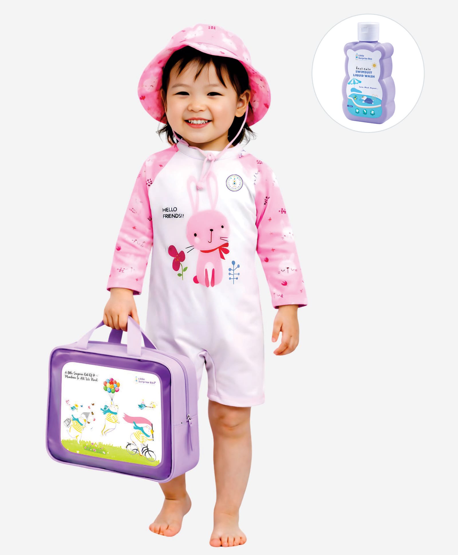 Little Surprise Box Full Raglan Sleeves Bunny Printed Legged Swimsuit With Cap Bag & Detergent - Pink-picture-24