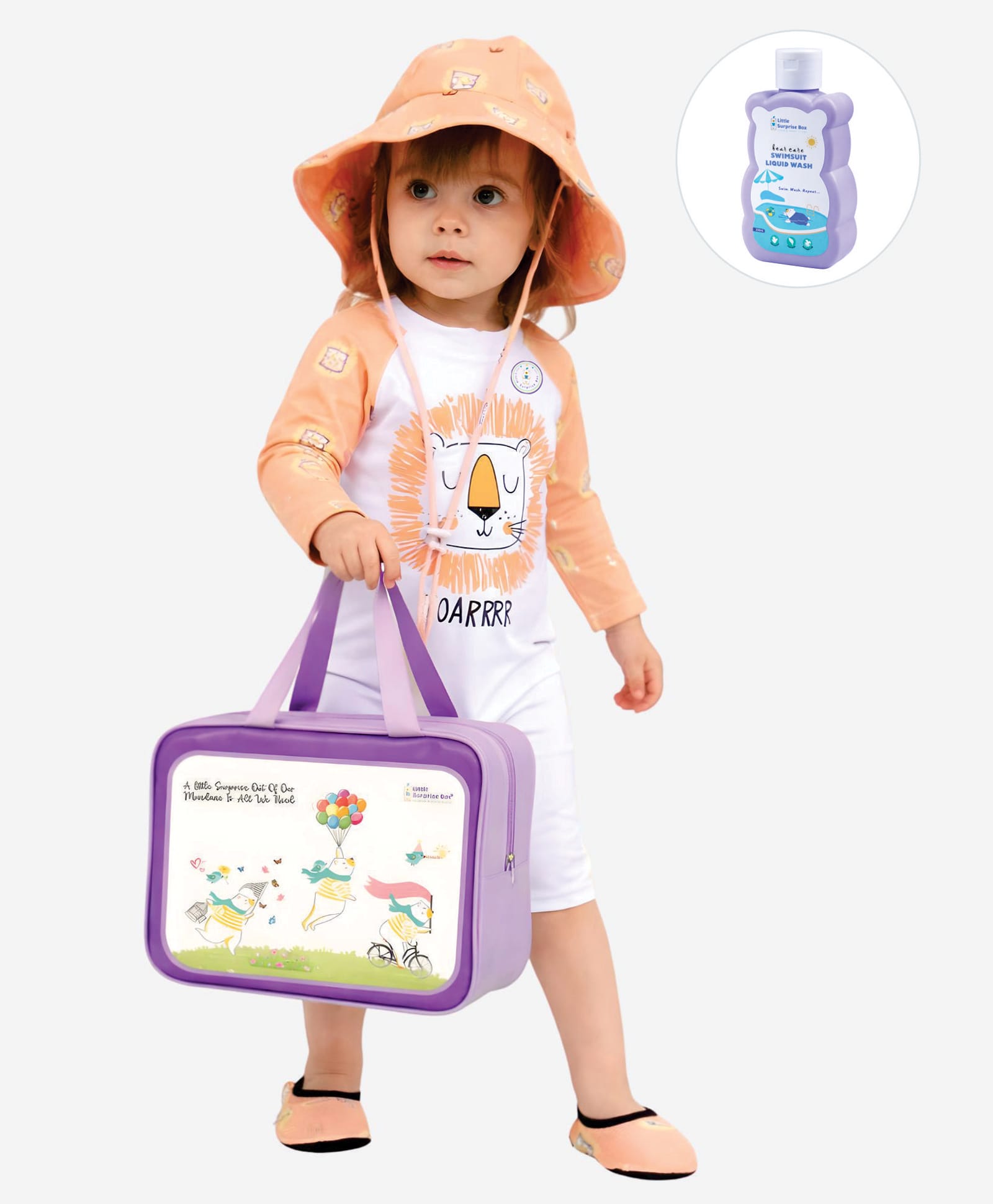 Little Surprise Box Full Raglan Sleeves Lion Printed Legged Swimsuit With Cap Bag & Detergent - Orange-picture-23