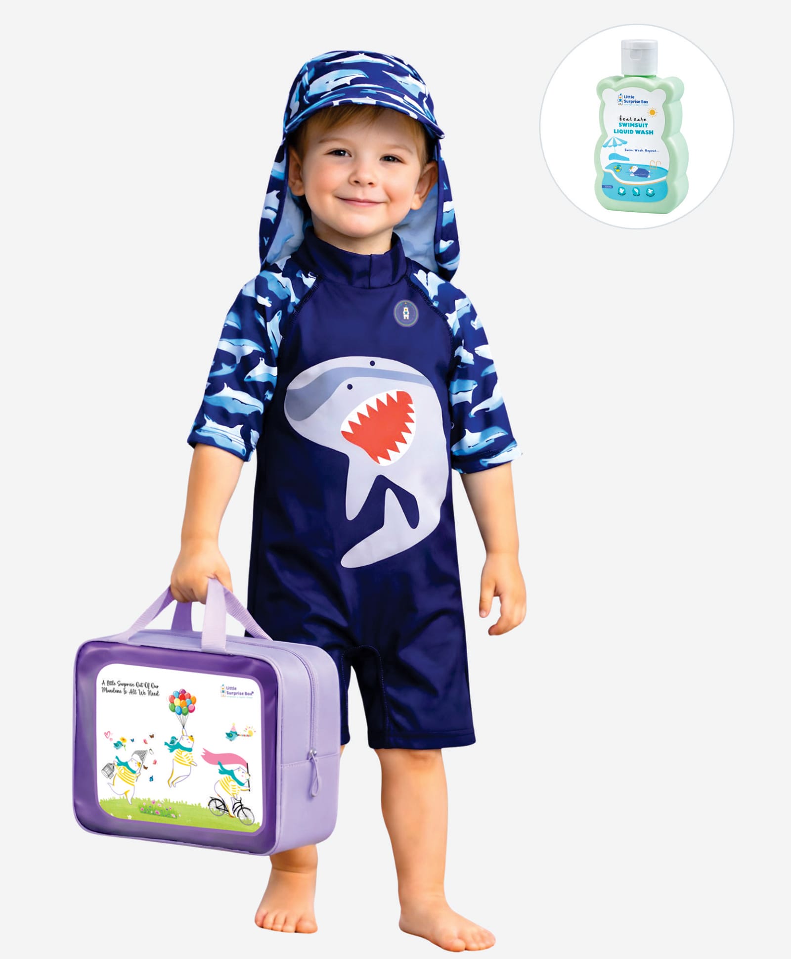 Little Surprise Box Full Raglan Sleeves Bunny Printed Legged Swimsuit With Cap Bag & Detergent - Navy-picture-22