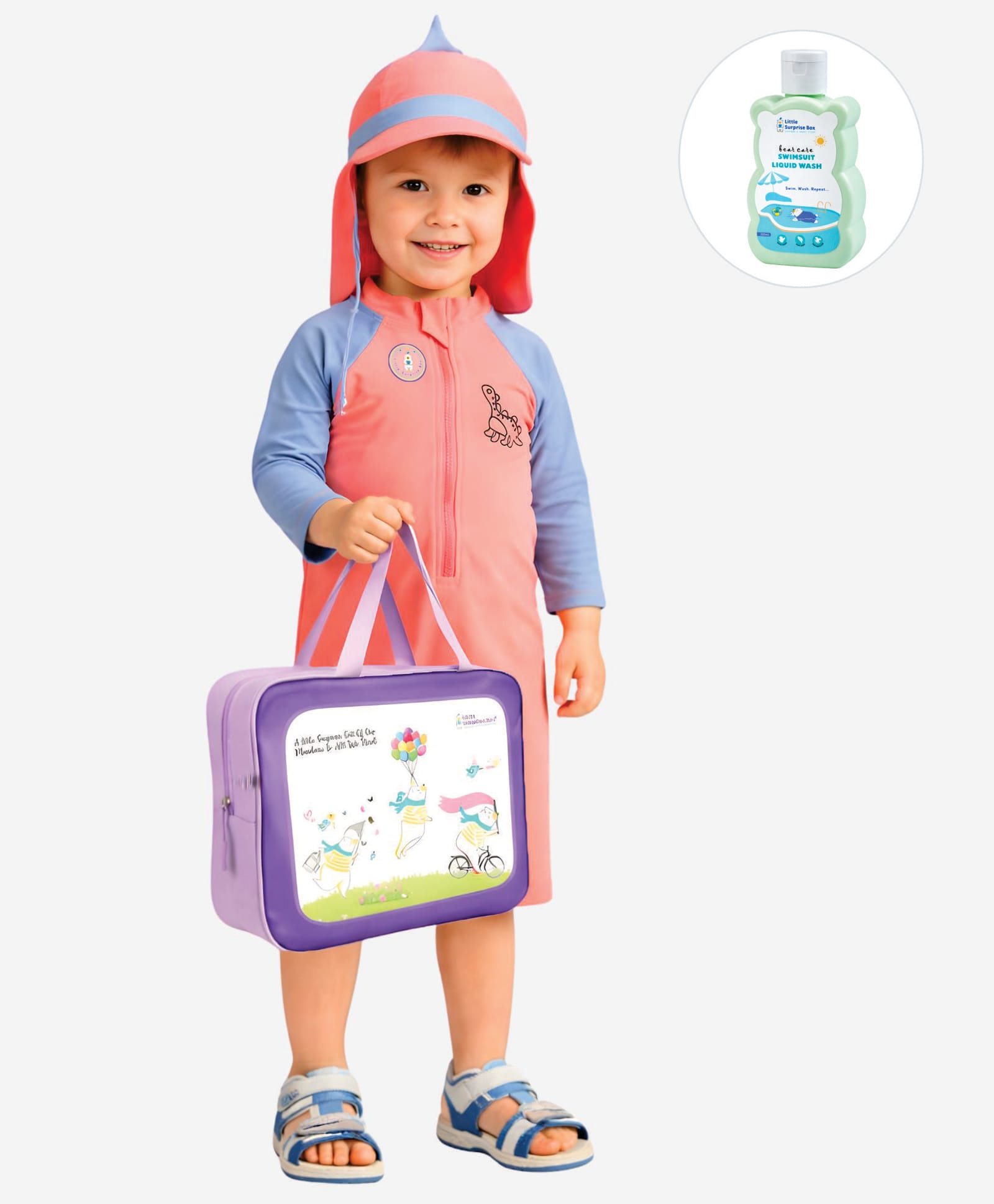 Little Surprise Box Full Raglan Sleeves Dino Printed Legged Swimsuit With Applique Cap Bag & Detergent - Peach-picture-16