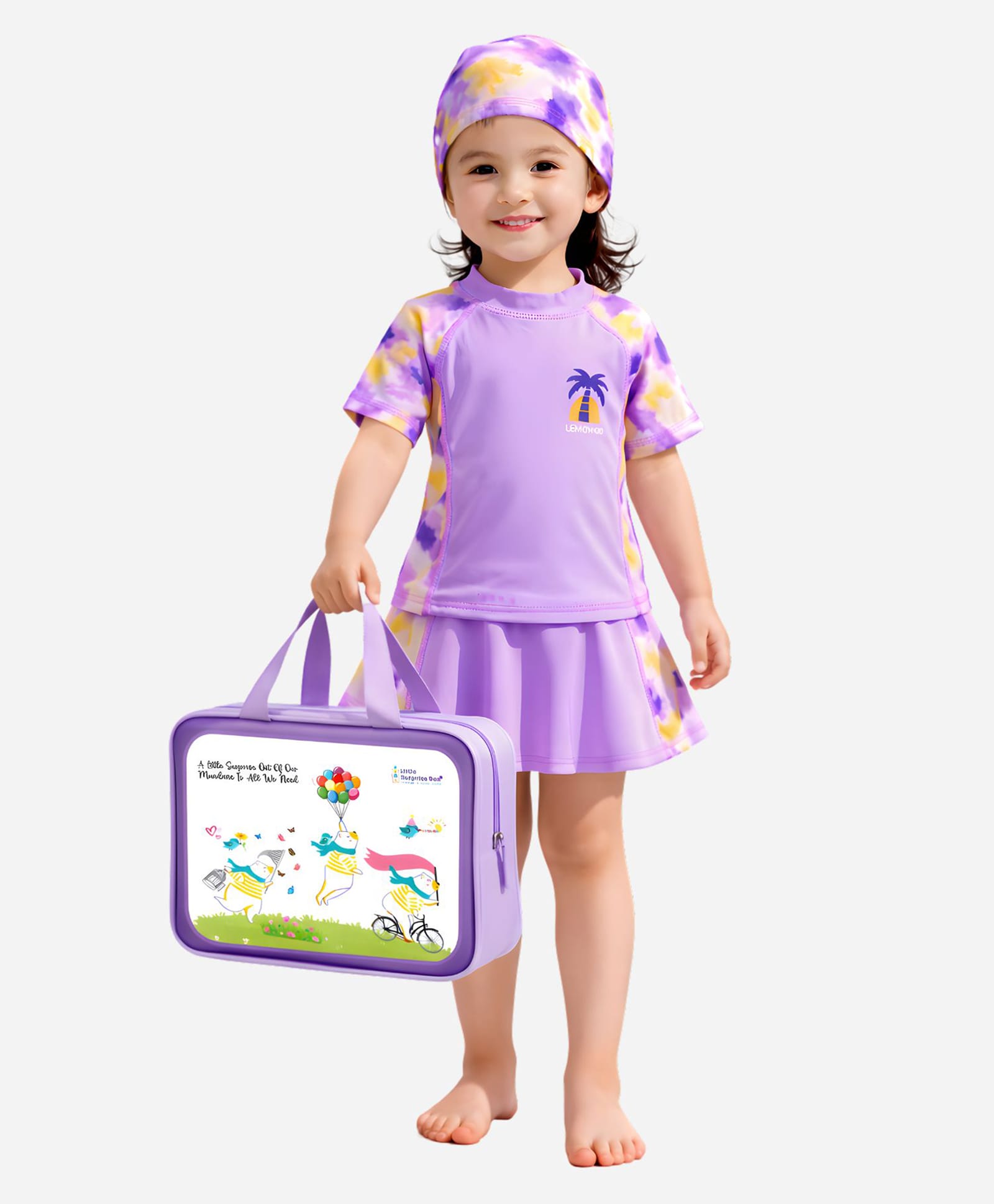 Little Surprise Box Half Raglan Sleeves Tie & Dye Tree Printed Swim Top & Skort Set With Cap & Bag - Purple-image-8
