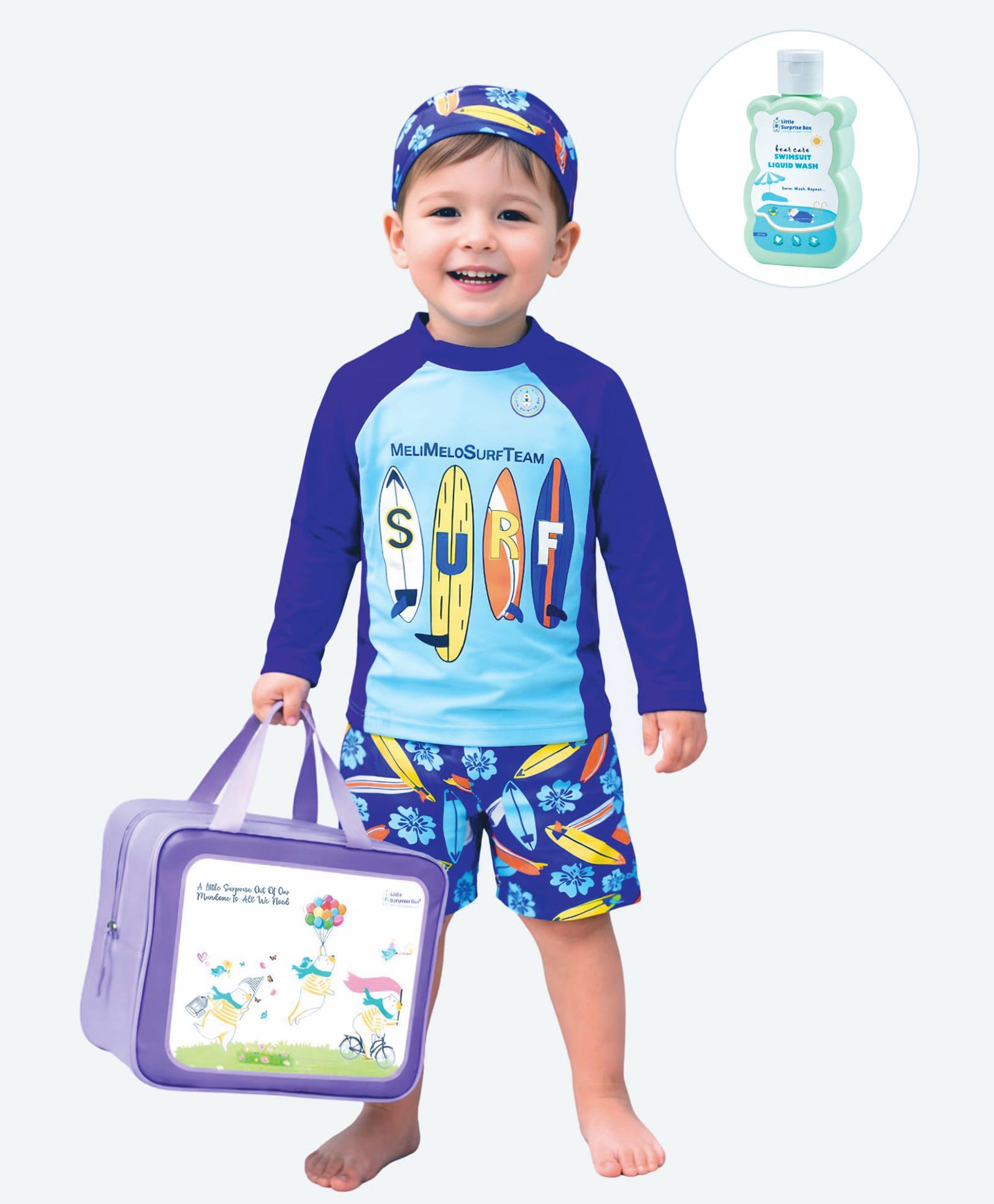 Little Surprise Box Full Sleeves Surfing Board Printed Two Piece Swimsuit With Cap Bag & Detergent - Blue-picture-11