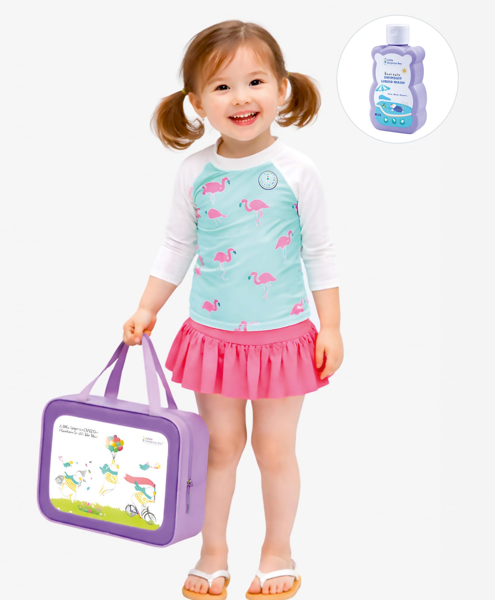 Little Surprise Box Three Fourth Raglan Sleeves Flamingo Printed Two Piece Swimsuit With Bag & Detergent - Light Blue-image-17