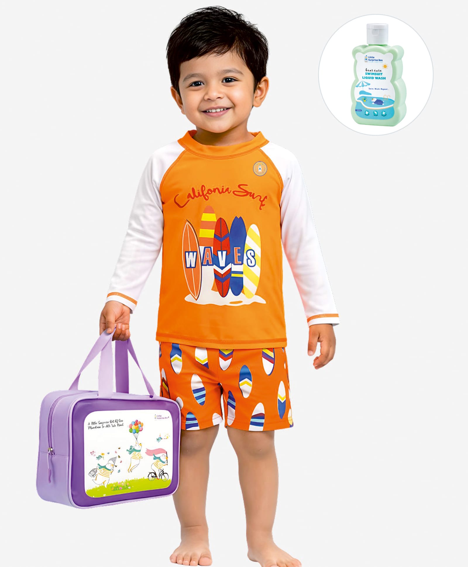 Little Surprise Box Full Raglan Sleeves Surfboards Printed Two Piece Swimsuit With Bag Cap & Detergent - Orange-picture-40