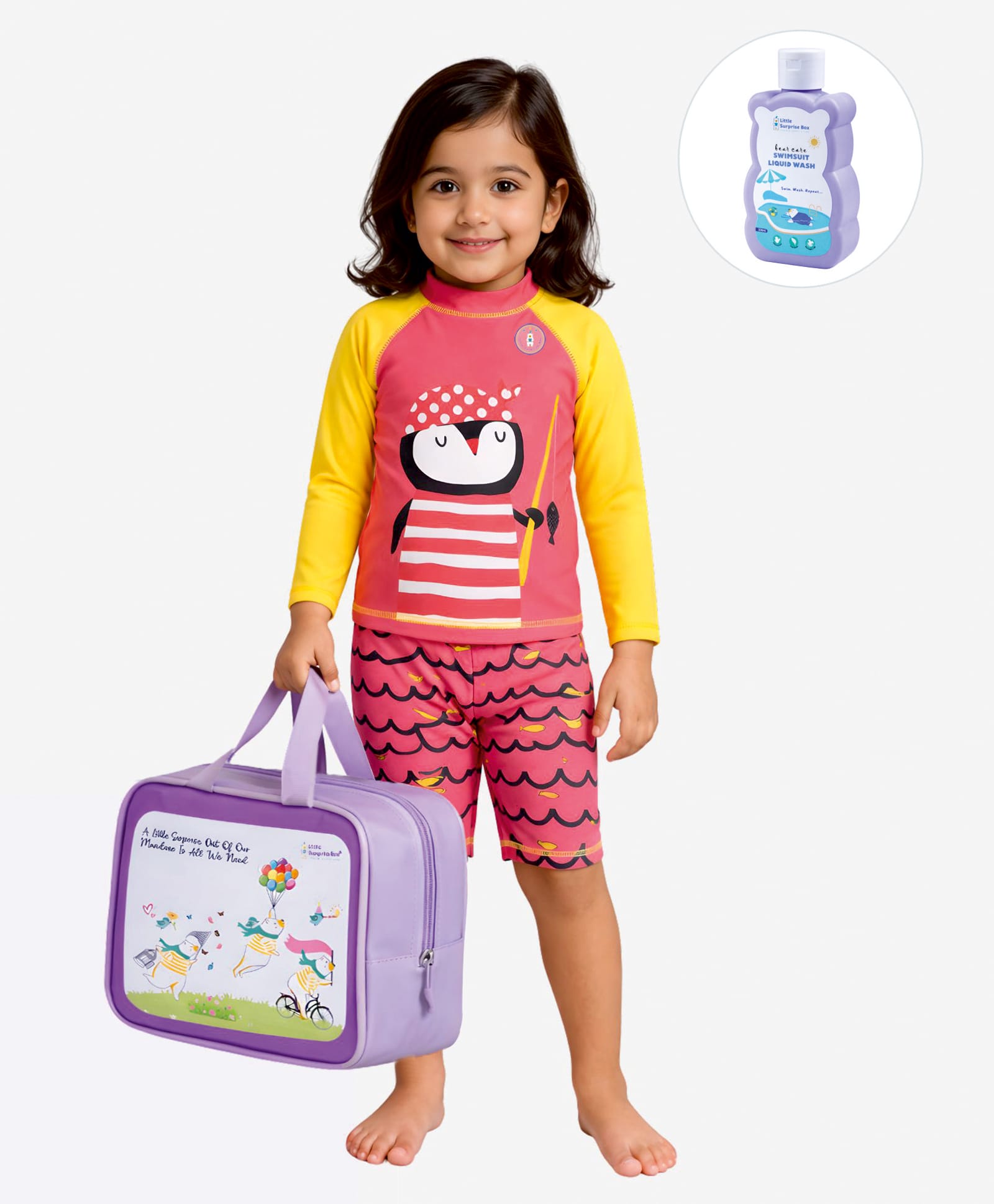 Little Surprise Box Full Raglan Sleeves Penguin Printed Two Piece Swimsuit With Bag Cap & Detergent - Pink-picture-38