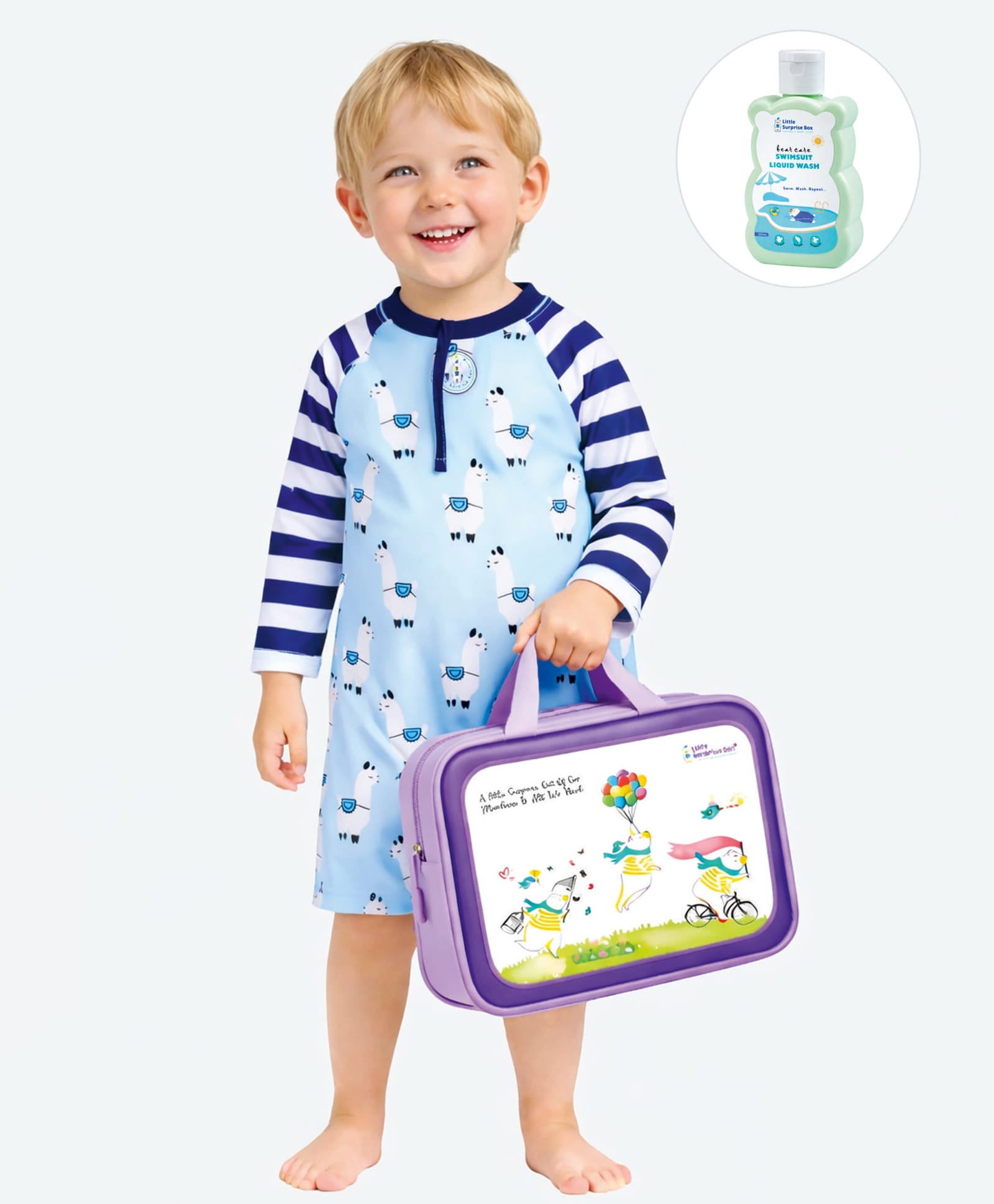 Little Surprise Box Raglan Full Sleeves Animals Printed Legged Swimsuit With Bag & Detergent - Light Blue-image-16