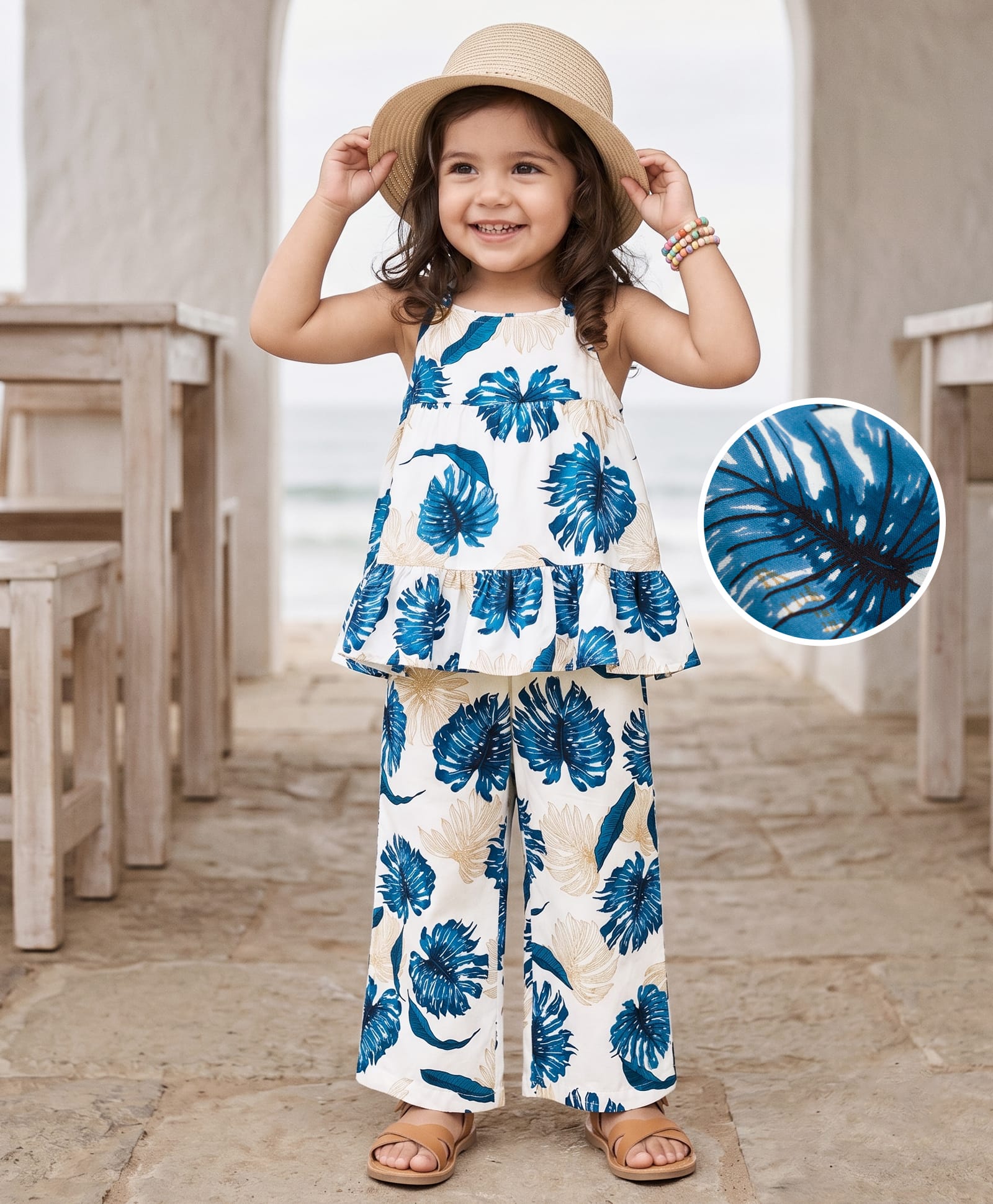Kookie Kids Viscose Woven Sleeveless Co-Ords Top & Palazzo Set with Leafy Print - Blue-image-32