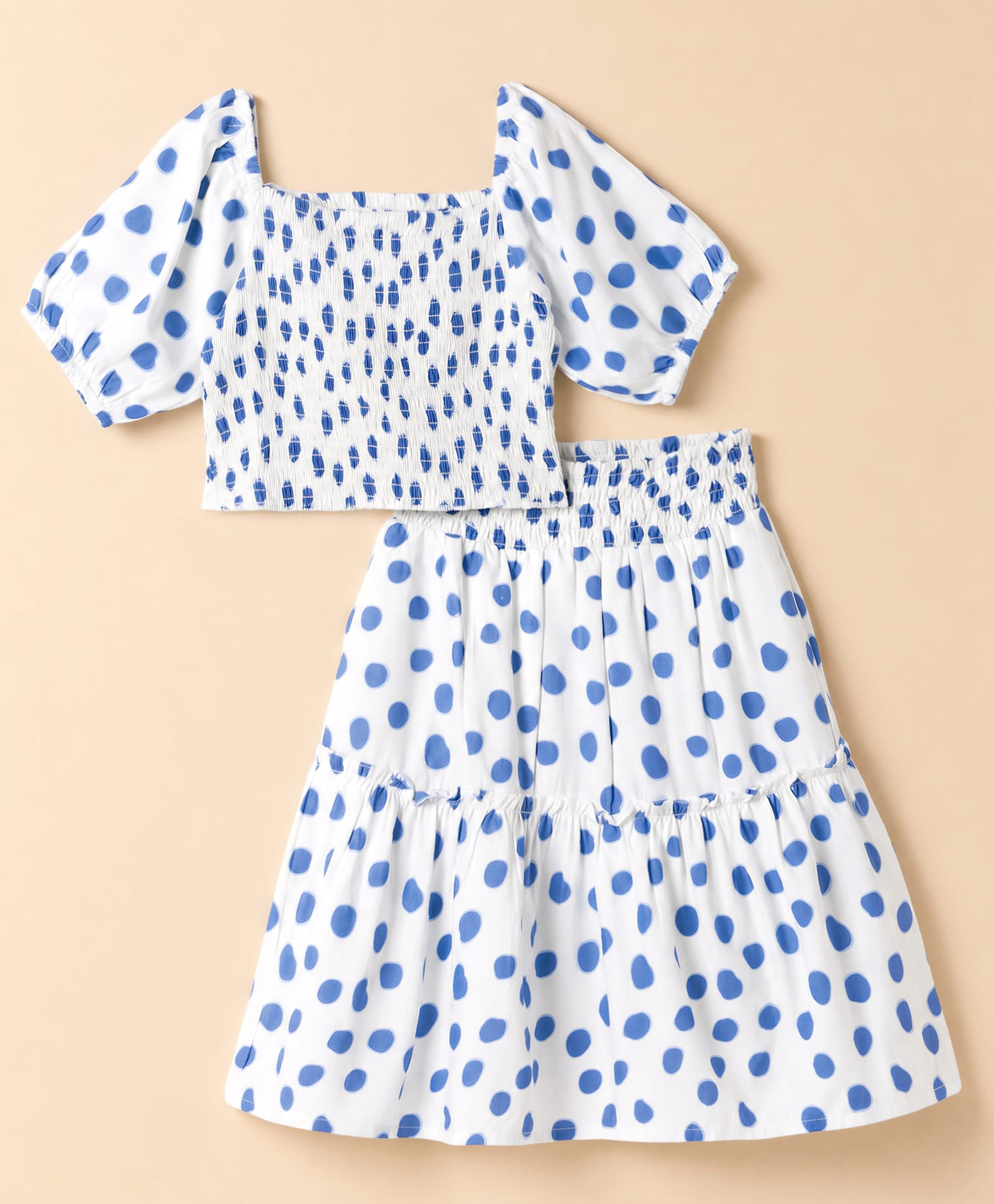 Kookie Kids Viscose Woven Half Sleeves Co-Ords Polka Dots Printed Top & Skirt Set - White & Blue-image-38