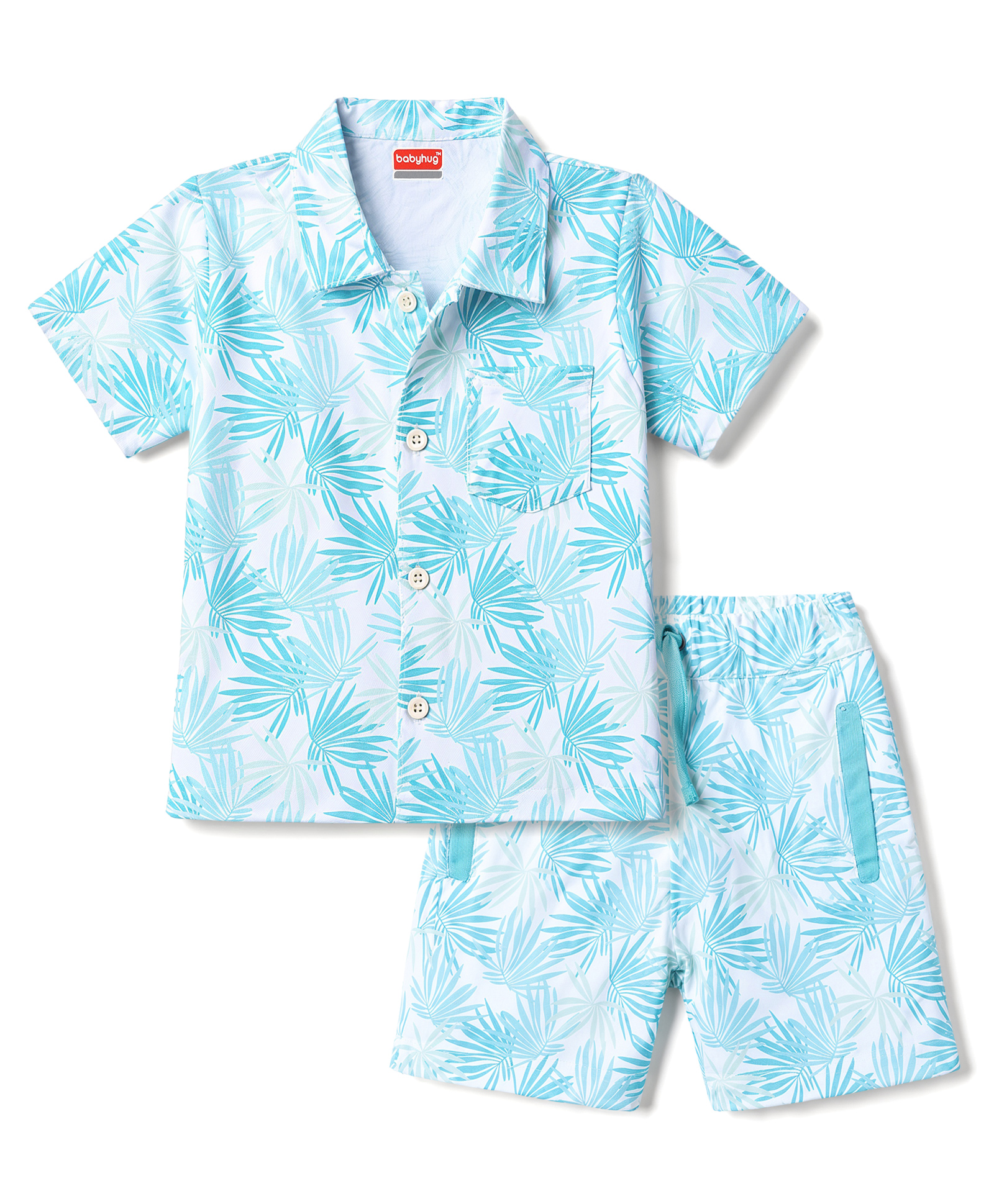 Babyhug Single Jersey Knit Half Sleeves Shirt & Shorts Co-ords With Tropical Print - Light Blue-picture-13