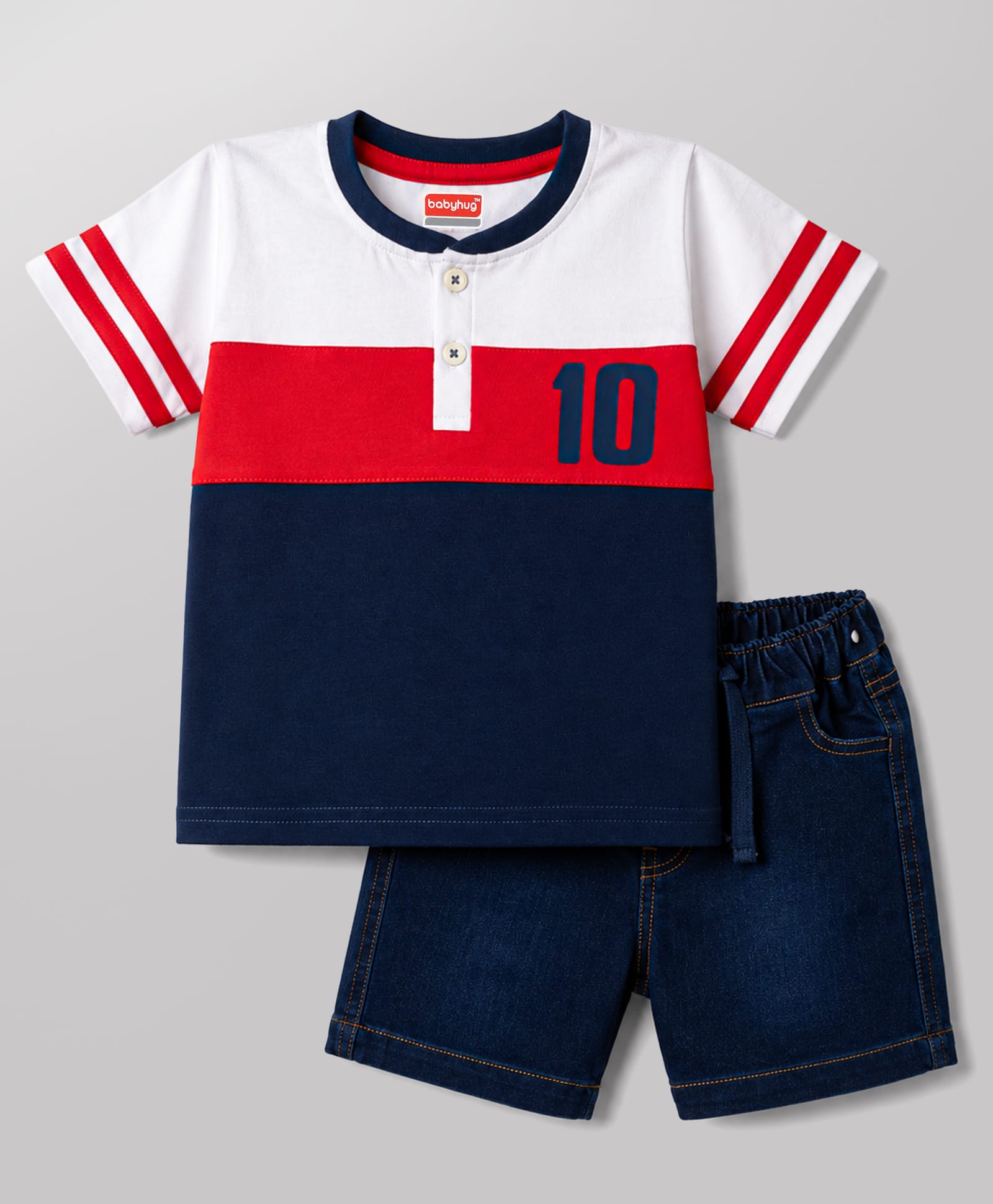 Babyhug Single Jersey Knit Half Sleeves Cut & Sew Colour Block Number Printed Henley T-Shirt & Shorts Set - Navy & Red-picture-20
