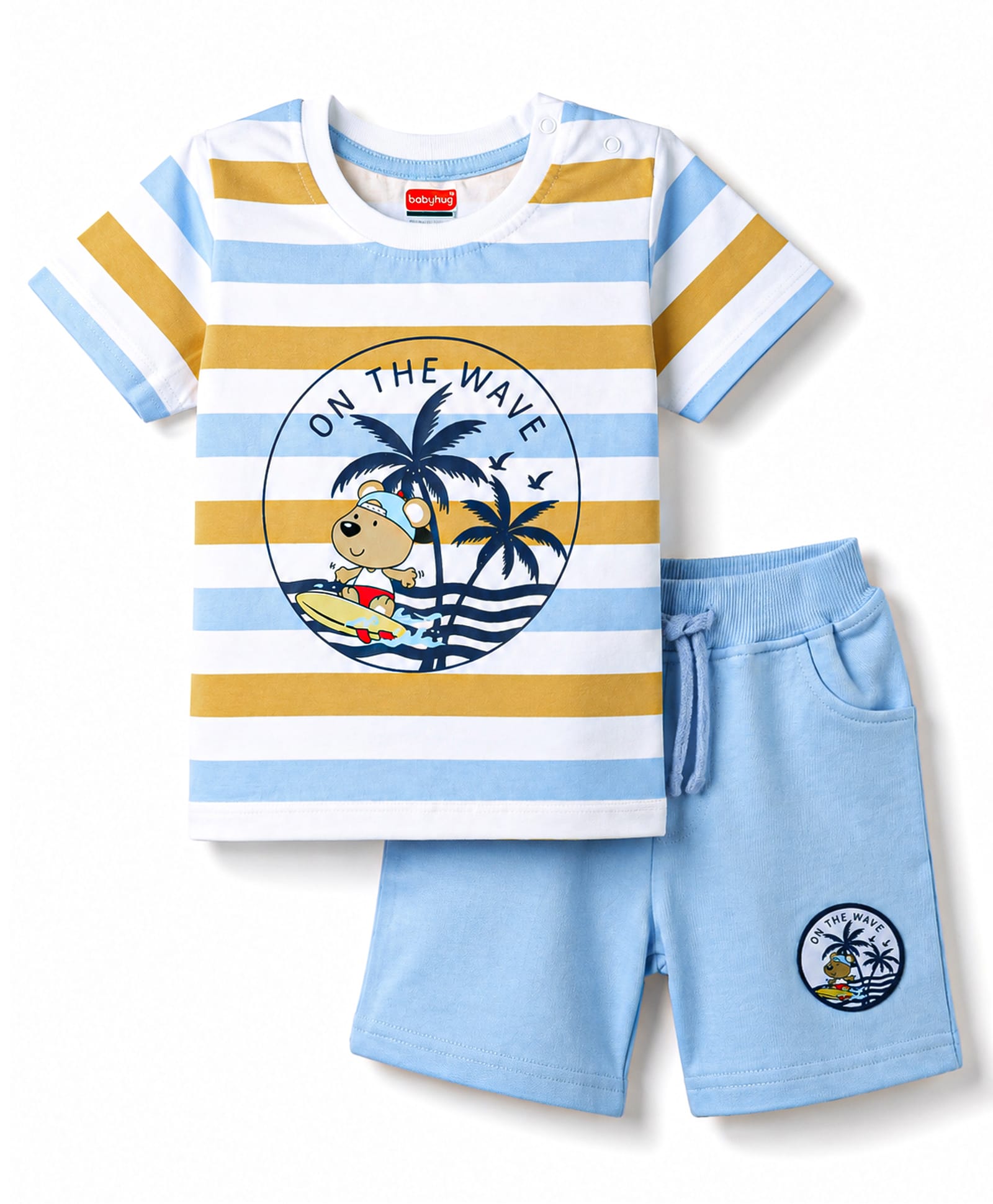 Babyhug Single Jersey Knit Half Sleeves Striped & Bear Printed T-Shirt & Shorts Set - White-picture-32