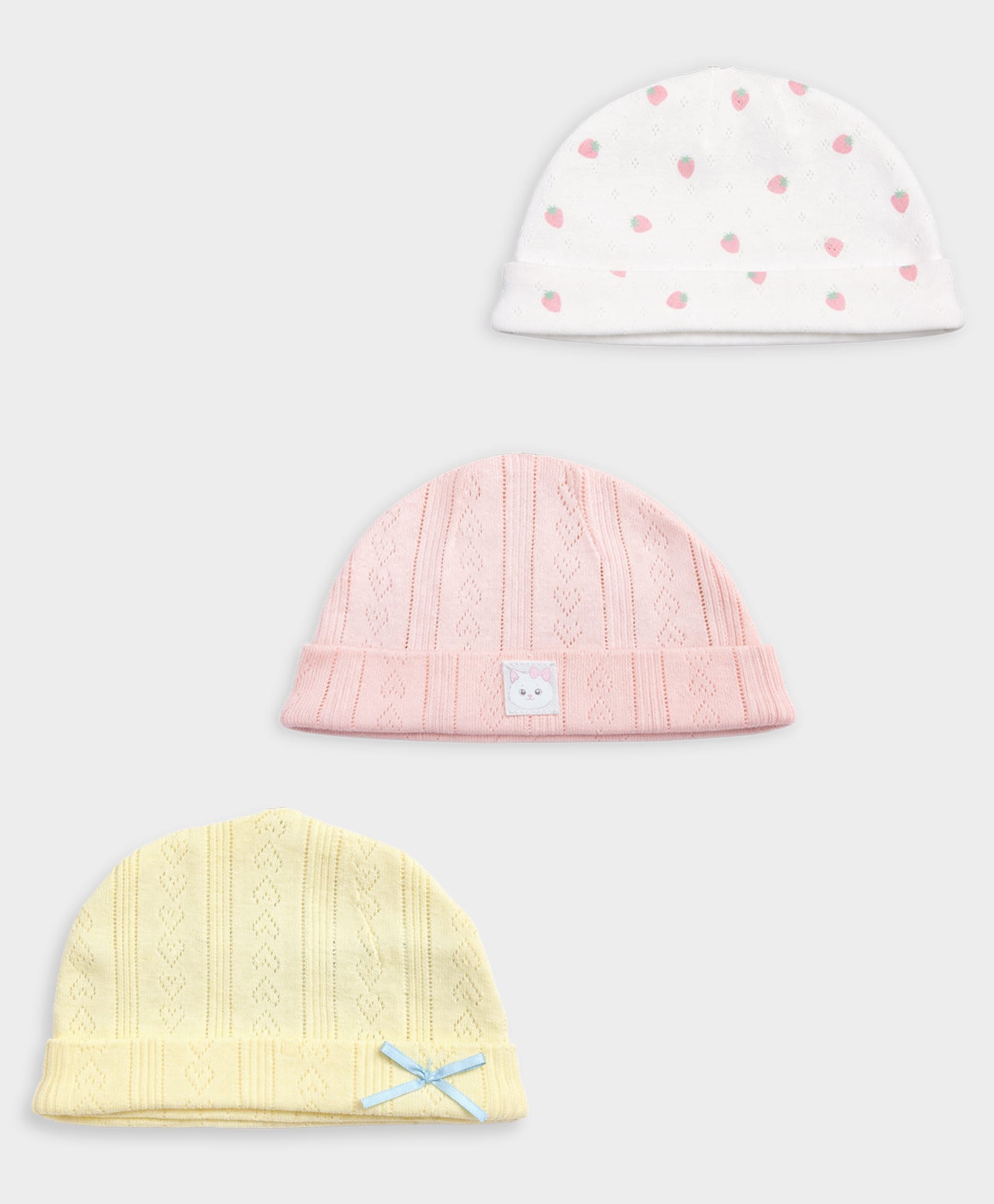Mi Arcus Cotton Knit Pack Of 3 Solid & Strawberry Printed Caps - Multi Colour - Circumference - 34 Cm-picture-34