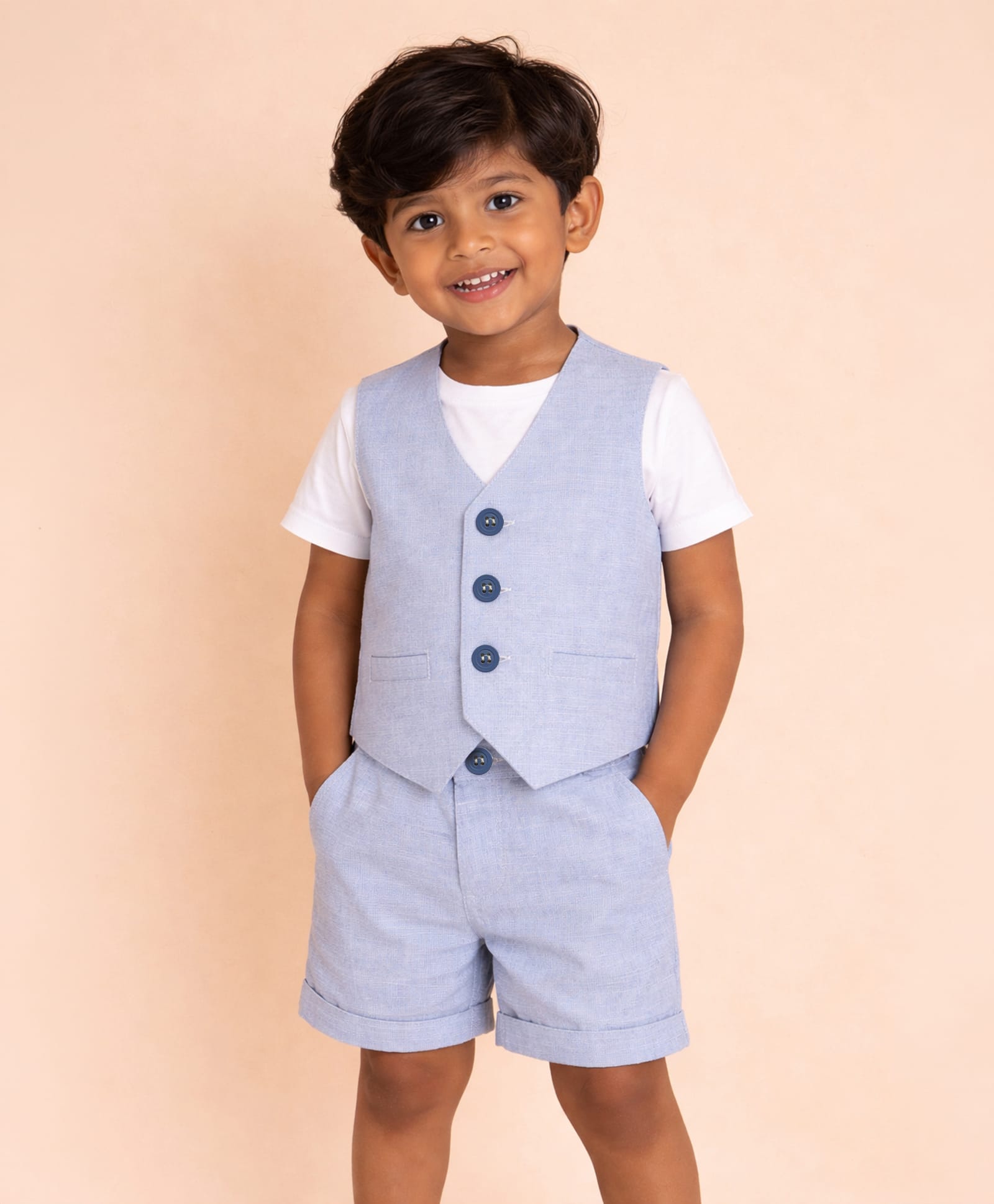 Mi Arcus 100% Cotton Knit Half Sleeves Solid Tee & Shorts Set With Waist Coat - Blue-image-13