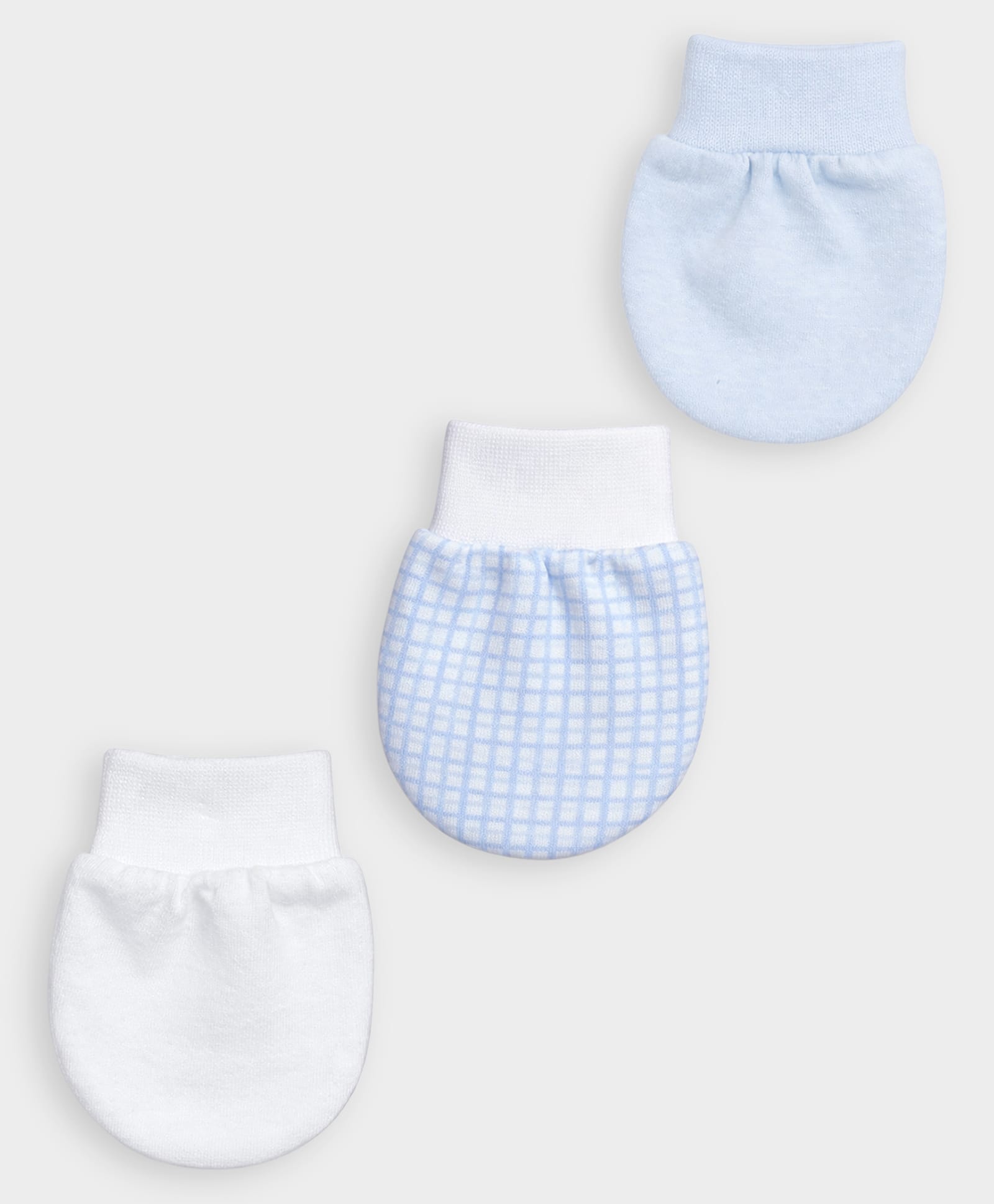 Mi Arcus 100% Cotton Knit Pack Of 3 Solid & Checked Mittens - Blue & White-picture-16