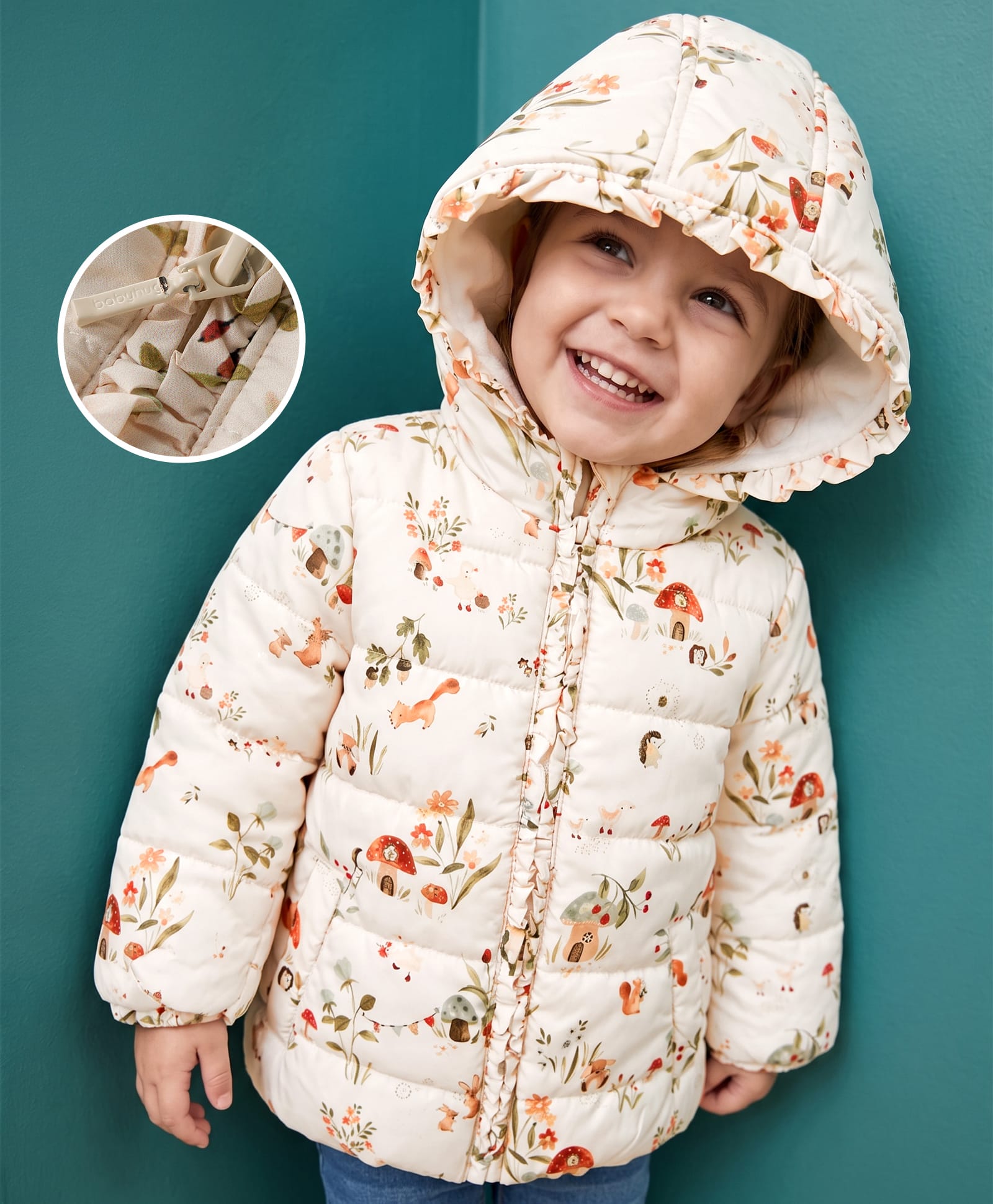 Babyhug Woven Full Sleeves Floral & Squirrel Printed Hooded Padded Jacket - White-picture-27