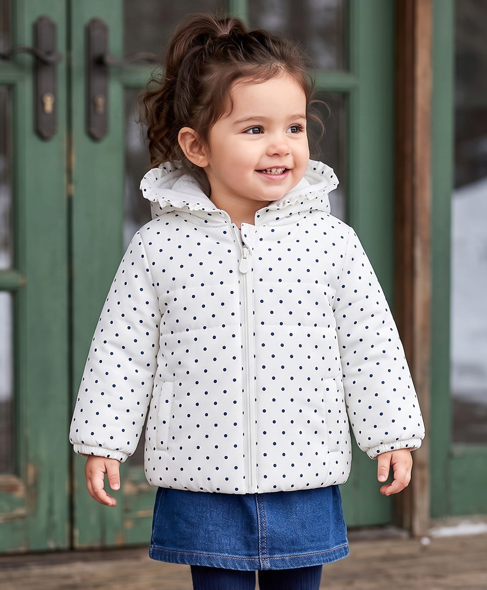 Babyhug Woven Full Sleeves Polka Dots Printed Hooded Padded Jacket - White-picture-25