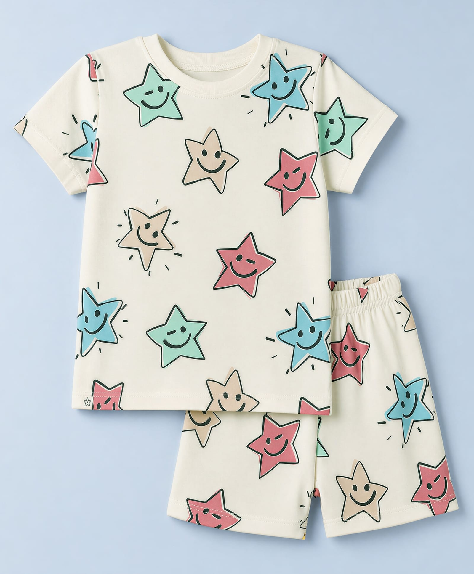Ollypop Sinker Knit Half sleeves T-Shirt & Shorts Co-ords Night Suit With Star Print - Pink-picture-15