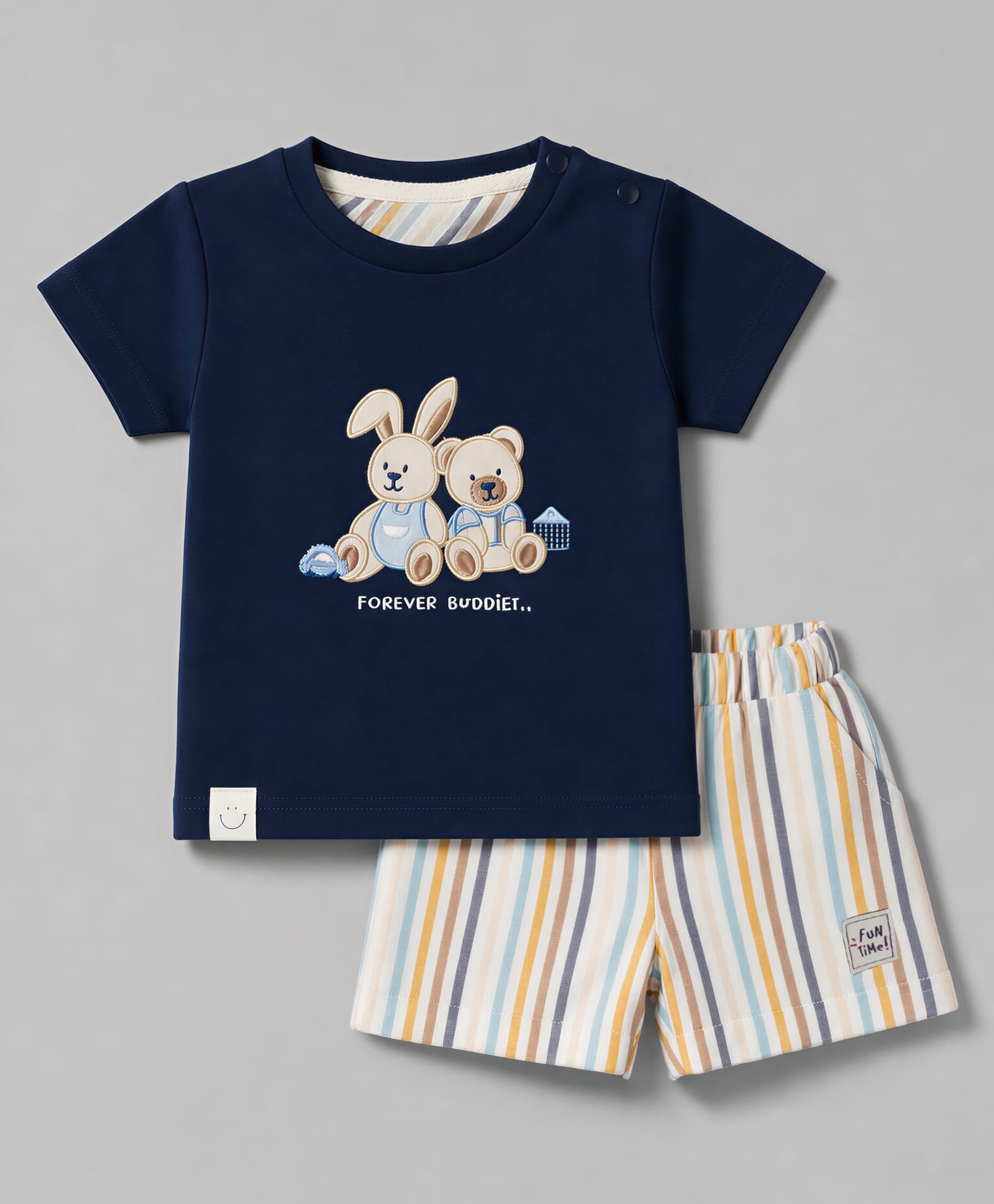 Ollypop Interlock Knit Half Sleeves T-Shirt & Striped Shorts Set Bunny Patch - Midnight Blue-image-31