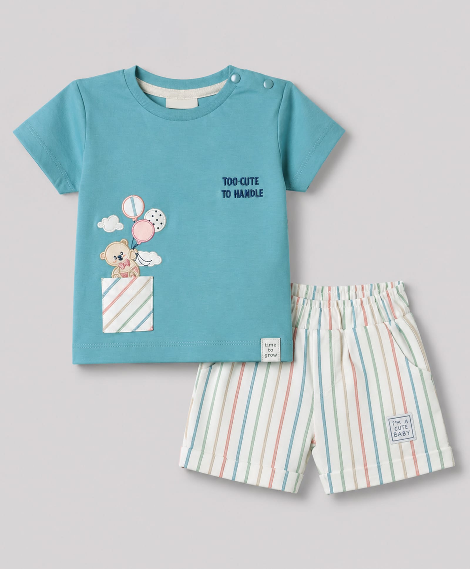 Ollypop Interlock Knit Half Sleeves T-Shirt & Striped Shorts Set Teddy Patch - Green-image-17