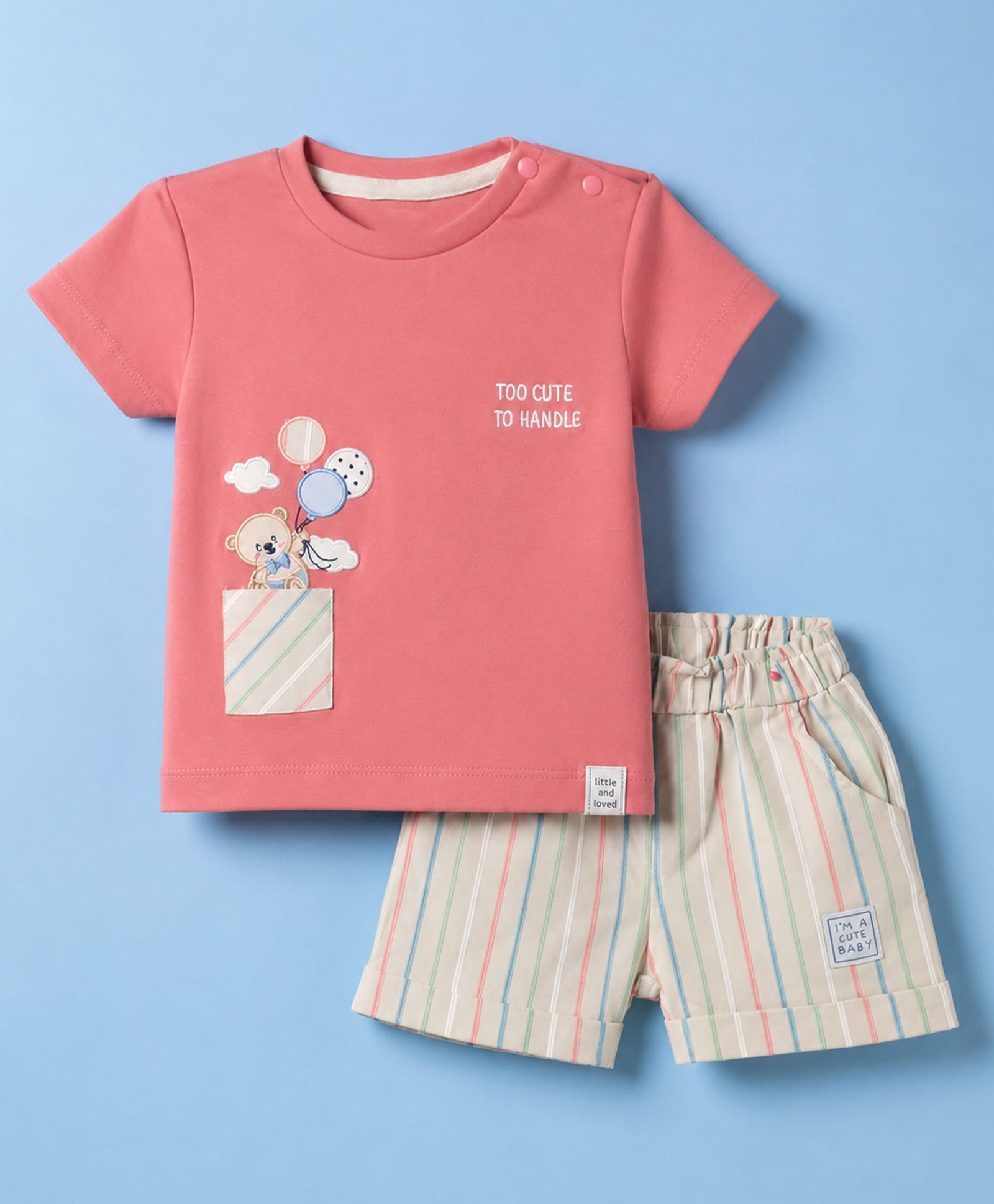 Ollypop Interlock Knit Half Sleeves T-Shirt & Striped Shorts Set Teddy Patch - Pink-picture-43