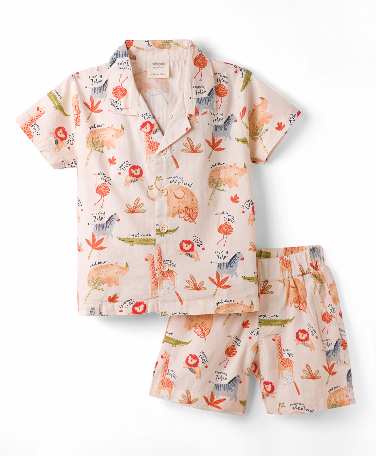 Ollypop Cotton Woven Half Sleeves Shirt & Shorts Co-Ords Night Suit with Animals Print - Pink-image-3
