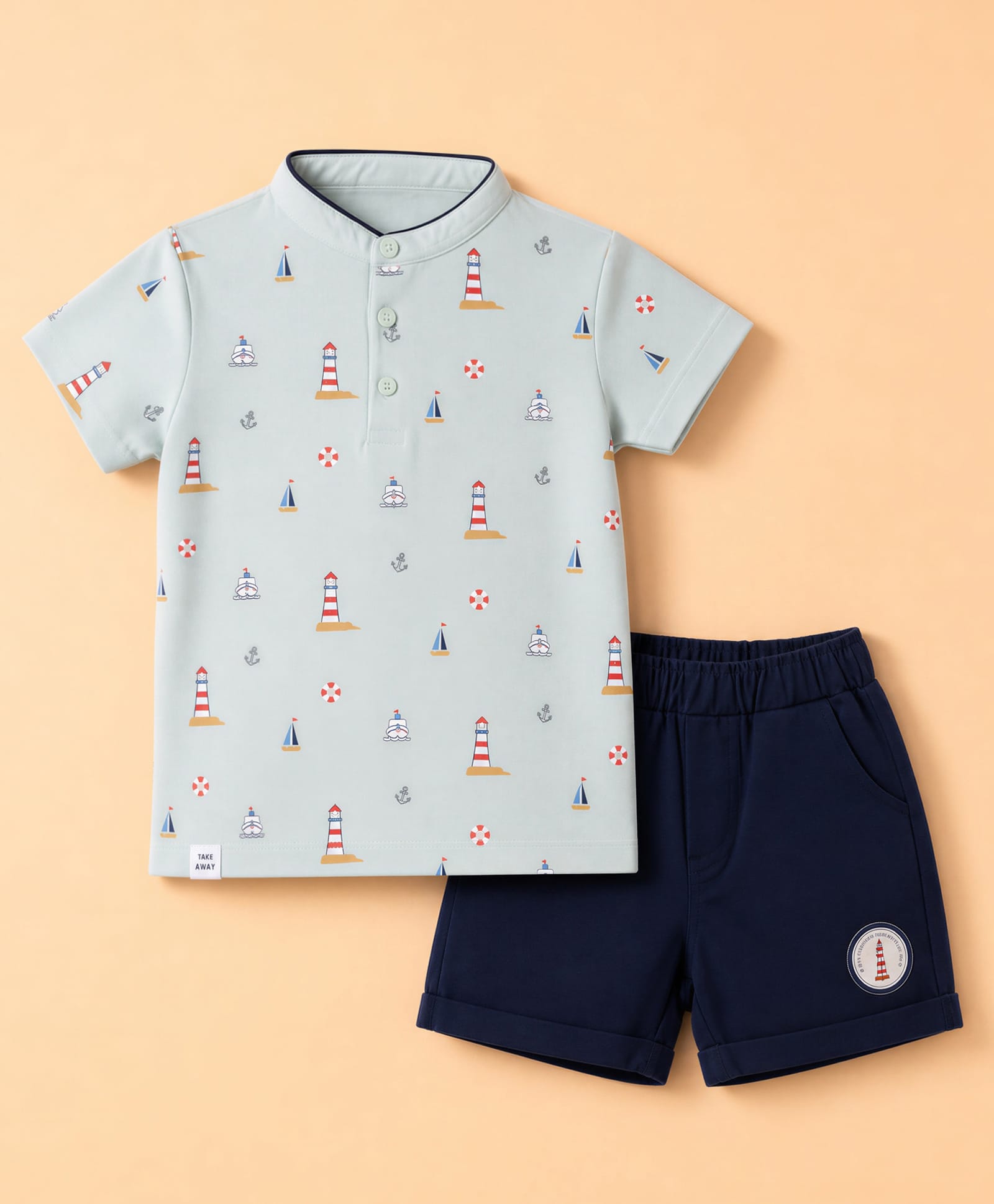 Ollypop Cotton Knit Half Sleeves Nautical Theme Printed T-Shirt & Shorts Set - Light Green-image-31