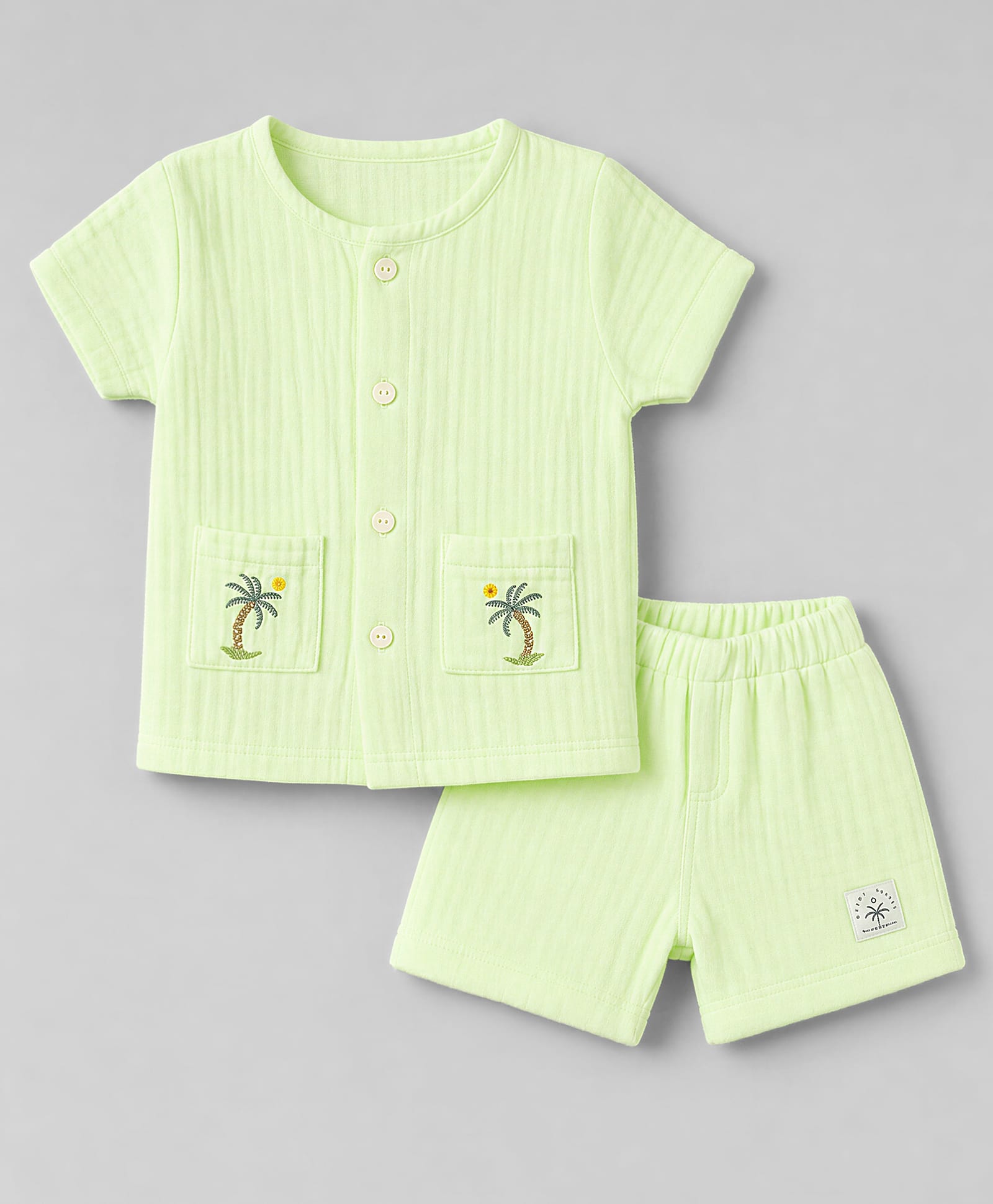 Ollypop Muslin Woven Half sleeves T-Shirt & Shorts Night Suit With Palm Tree Embroidery - Light Yellow-picture-26