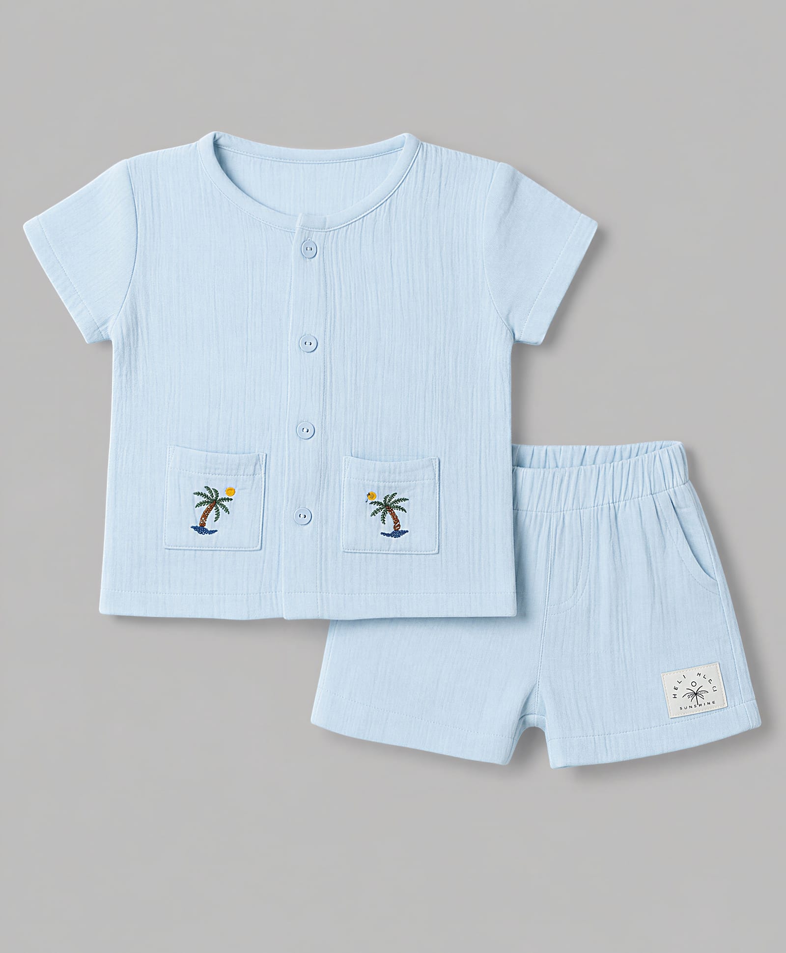 Ollypop Muslin Woven Half sleeves T-Shirt & Shorts Night Suit With Palm Tree Embroidery - Light Blue-picture-7