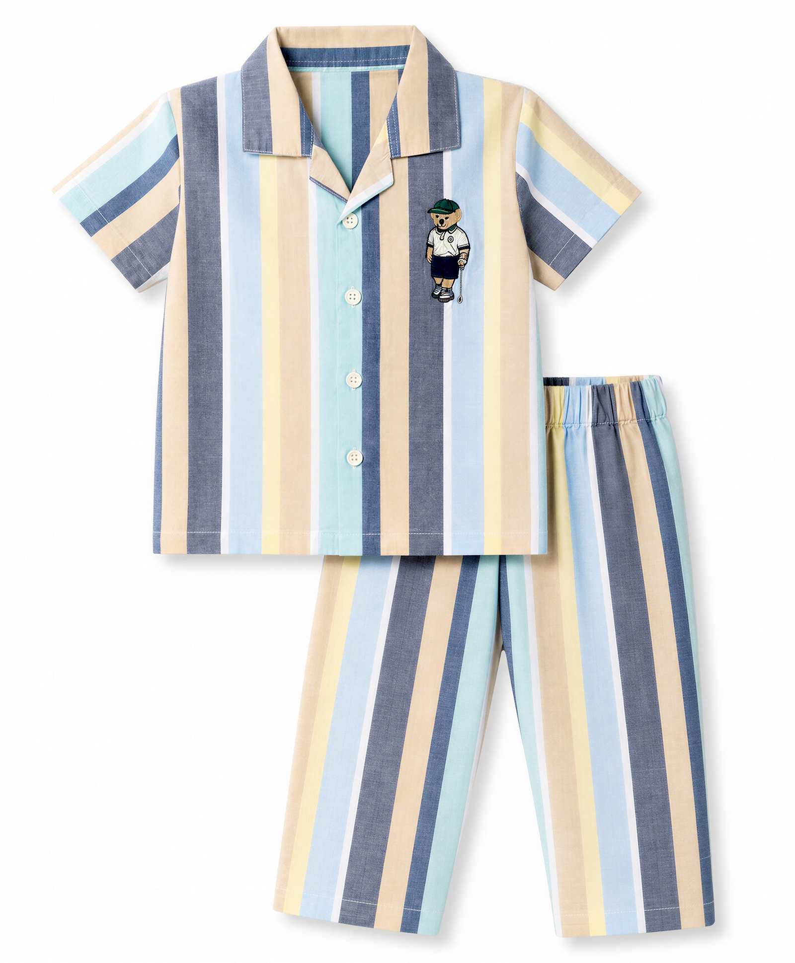 Ollypop Cotton Woven Half Sleeves Co-Ords Striped Shirt & Pajama Night Suit with Bear Print - Blue-picture-41