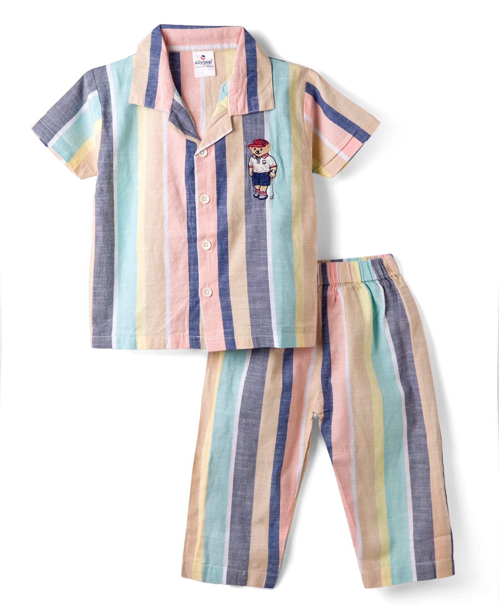 Ollypop Cotton Woven Half Sleeves Striped Shirt & Pajama Night Suit with Bear Print - Peach-image-12