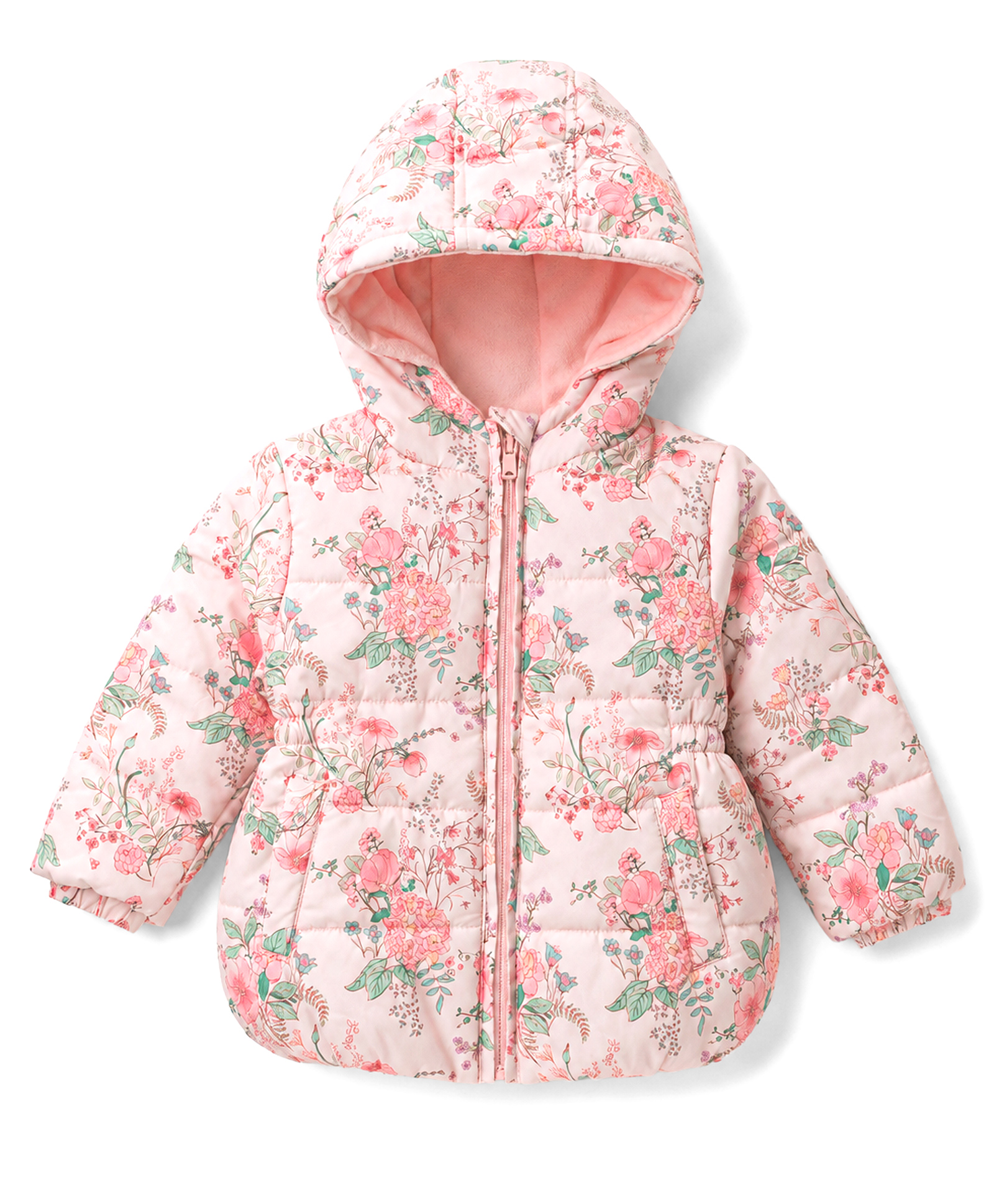 Babyhug Woven Full Sleeves Floral Printed Hooded Padded Jacket - Pink-picture-22