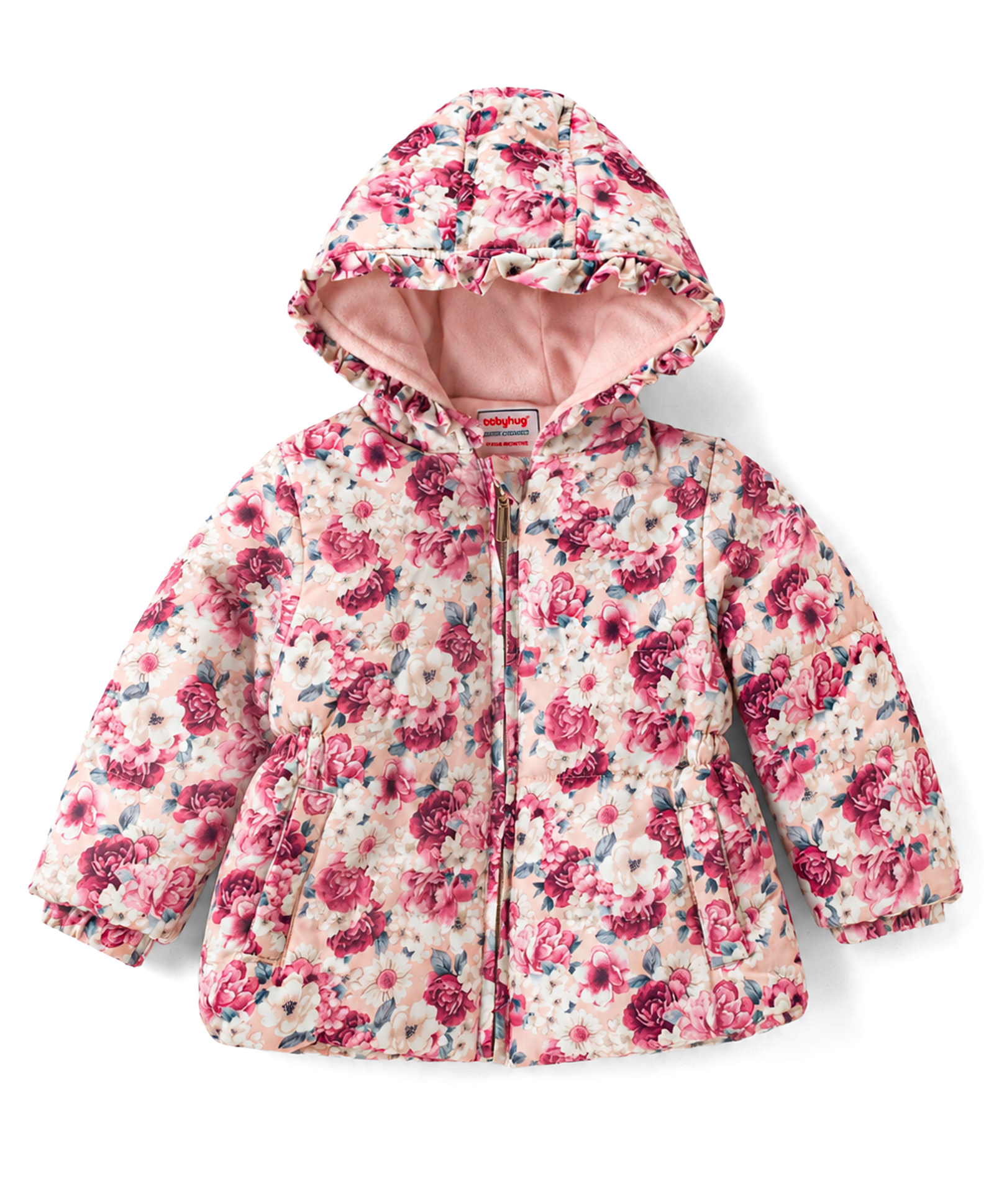 Babyhug Woven Full Sleeves Floral Printed Hooded Padded Jacket - Pink-picture-18