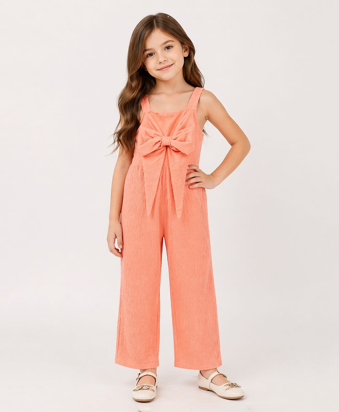 Little Marine Cotton Blend Knit Sleeveless Bow Applique Detailed Jumpsuit - Peach-picture-22