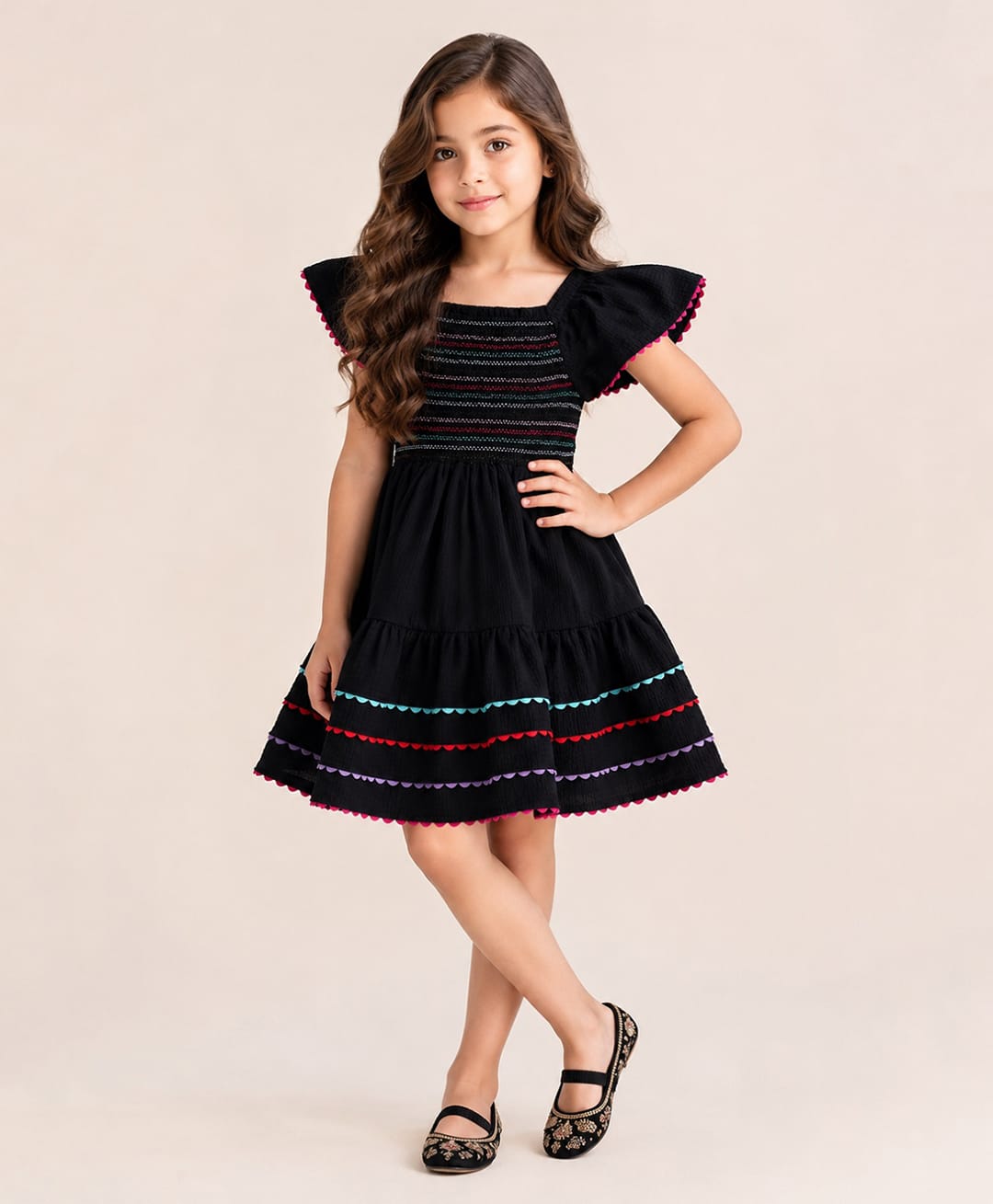 Little Marine Cotton Blend Knit Flutter Sleeves Geometric Embroidered Smocked Dress - Black-picture-33