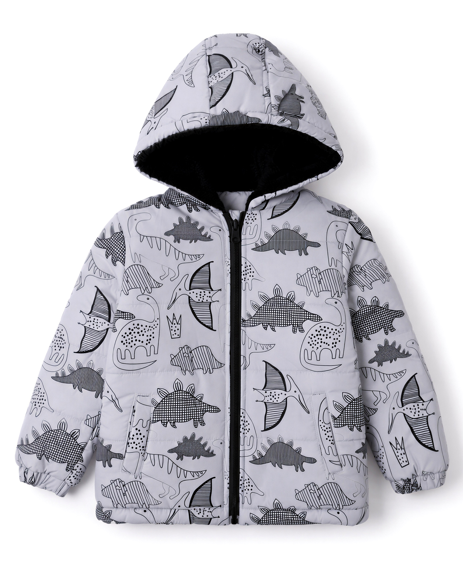 Babyhug Woven Reversible Jackets with Full Sleeves and Dinosaur Print in Grey for 12-18 Months-image-31