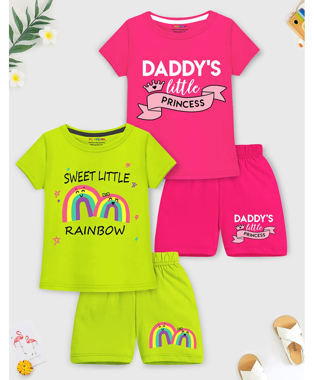 Trampoline Knit Half Sleeves Text & Rainbow Printed T-Shirt & Shorts Set Pack of 2 - Neon Pink & Neon Green-image-44
