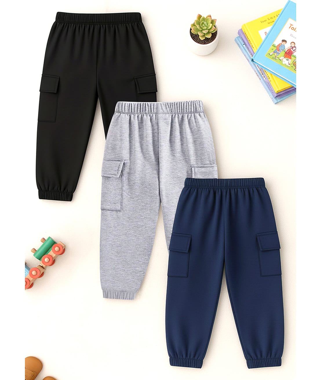 Trampoline Cotton Blend Knit Full Length Solid Cargo Joggers Pack Of 3 - Black Grey & Navy Blue-picture-34