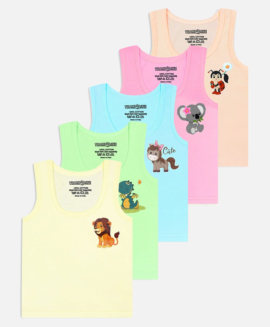 Trampoline Cotton Knit Sleeveless Animal Printed Vests Pack Of 5 - Multi Colour - 3-4Y - Cotton - (3 to 4 Years)-image-14
