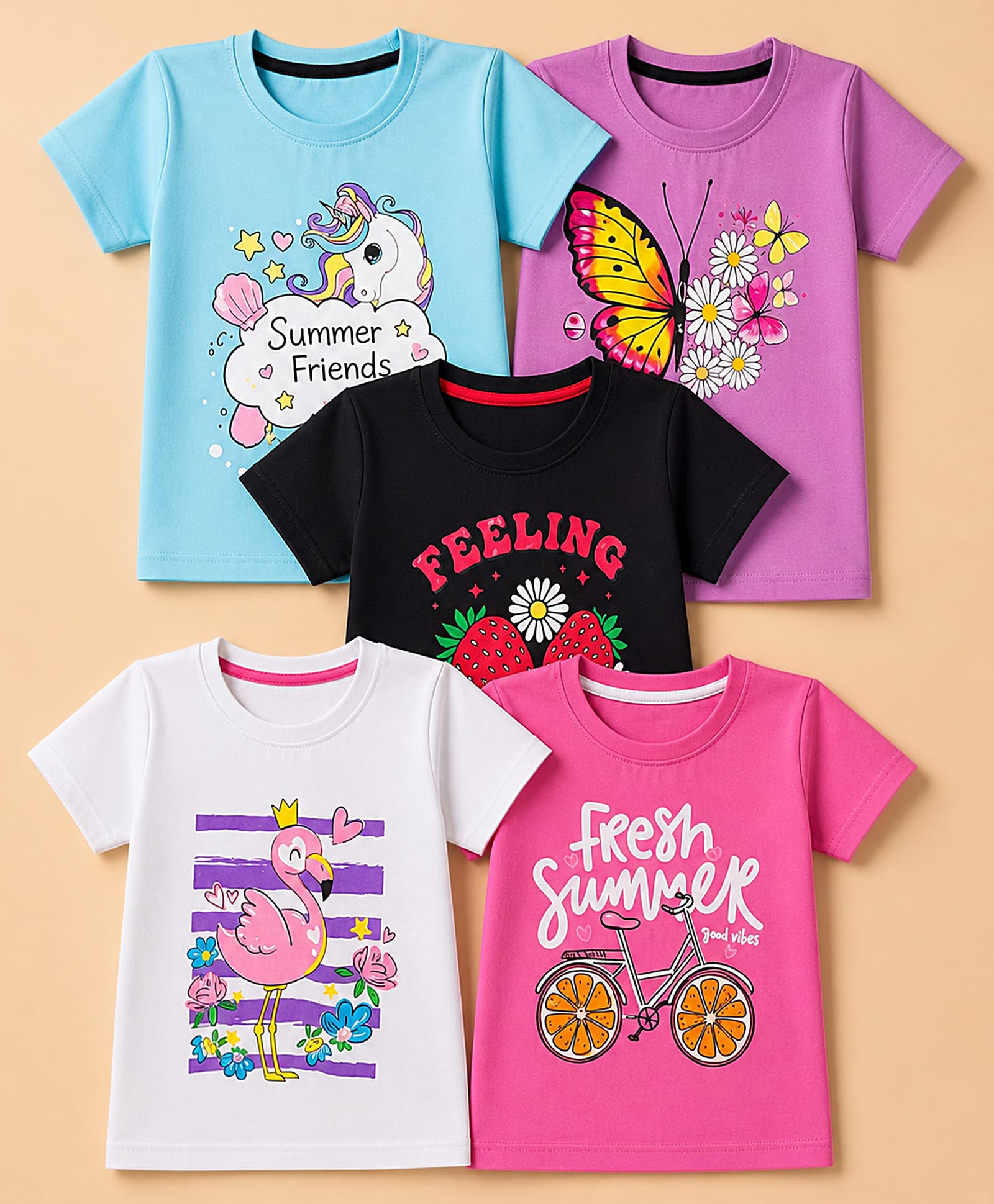 Trampoline Cotton Blend Knit Half Sleeves T-Shirts with Strawberry Butterfly Cycle Flamingo & Unicorn Print Pack of 5 - Pink Black White & Sky Blue-image-21